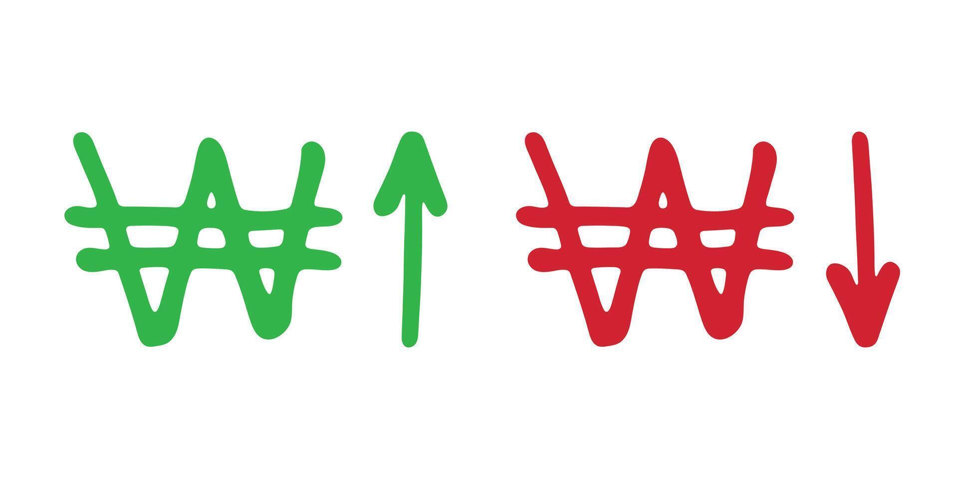 Hand drawn won currency symbol Red and green Growth and fall profit with arrow up and down Brush stroke doodle Element for design vector