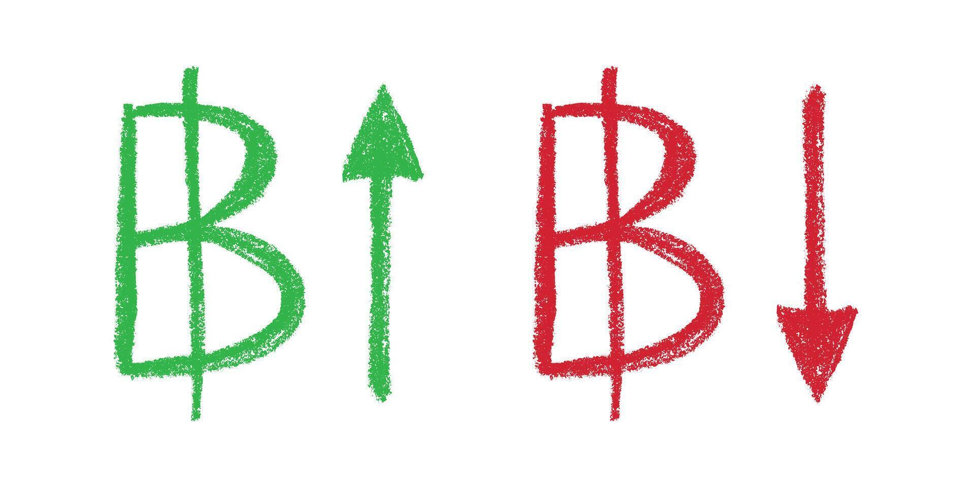 Hand drawn thai baht currency symbol Green and red Growth and fall profit with arrow up and down Brush stroke doodle Element for design vector