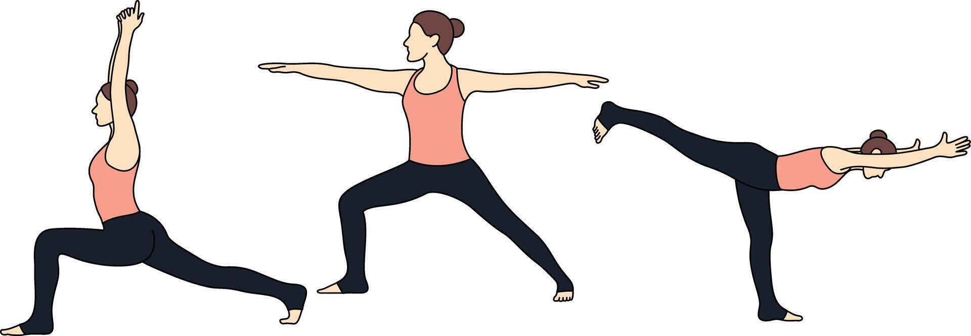 Female Yoga Warrior and Balance Poses Collection. Woman Practicing High Lunge, Warrior II, and Warrior III Yoga Asanas. Ideal for yoga class, tutorials, fitness, meditation, and wellness designs vector