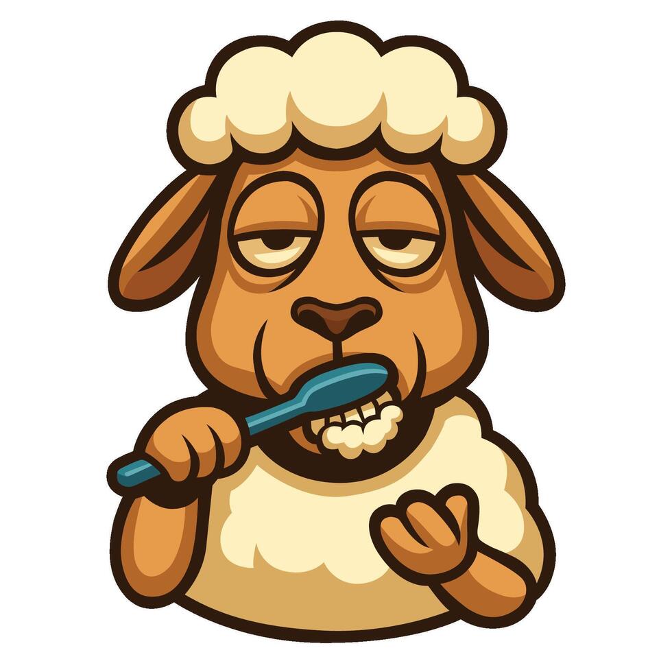 Sleepy Cartoon Sheep Brushing Teeth illustration vector