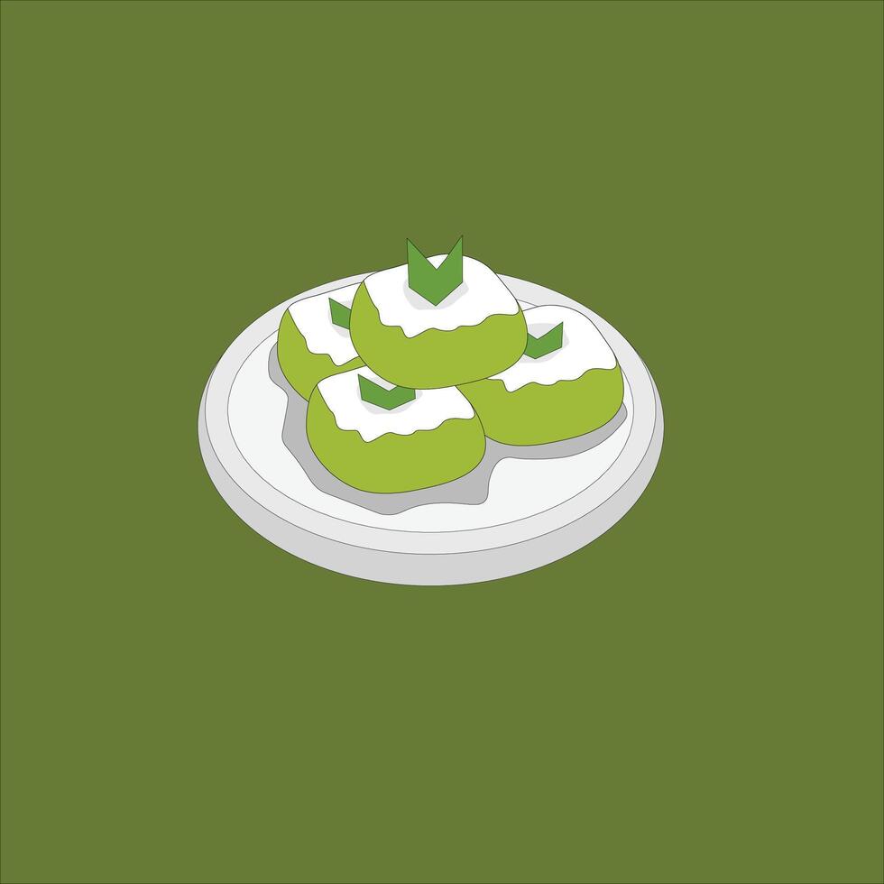A plate with green cake on it and a green background vector