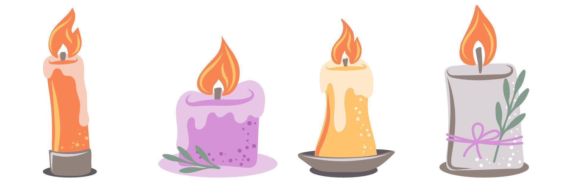 Hand drawn burning candles from paraffin wax for relax and spa. Decorative design elements. vector