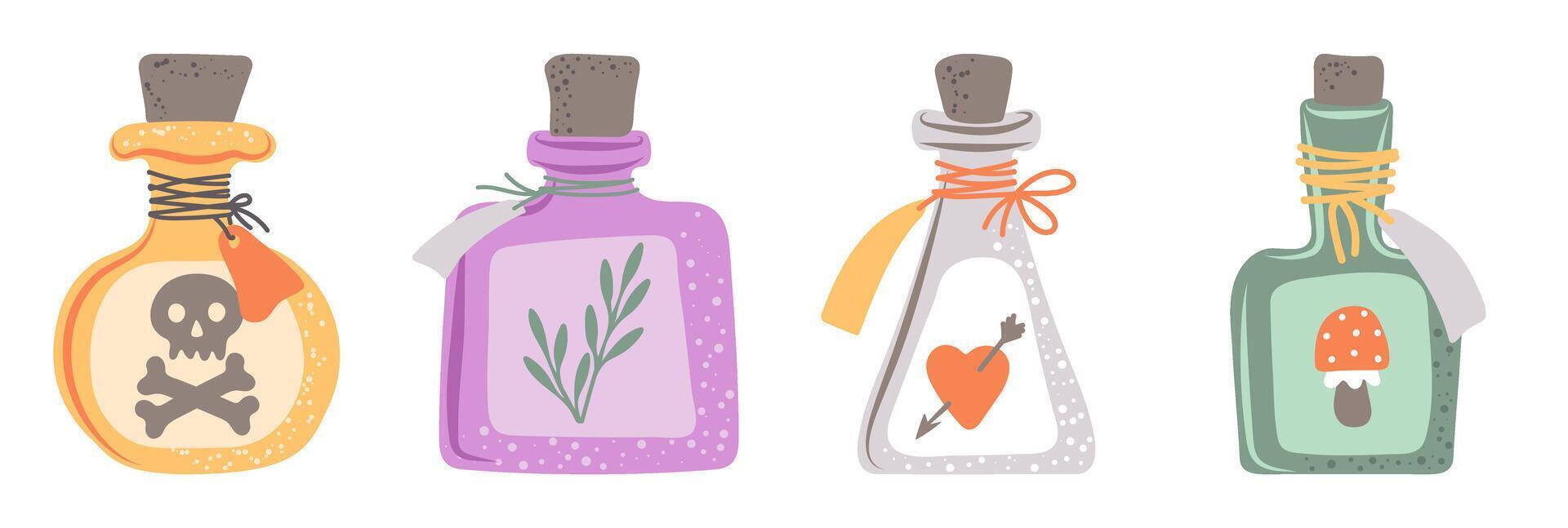 Hand drawn potion bottles set. Magical liquid potion, poison, love elixir. Elements for Halloween decorative design vector