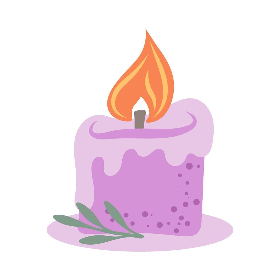 Hand drawn purple burning candle from paraffin waxf or relax and spa. Decorative design element. vector
