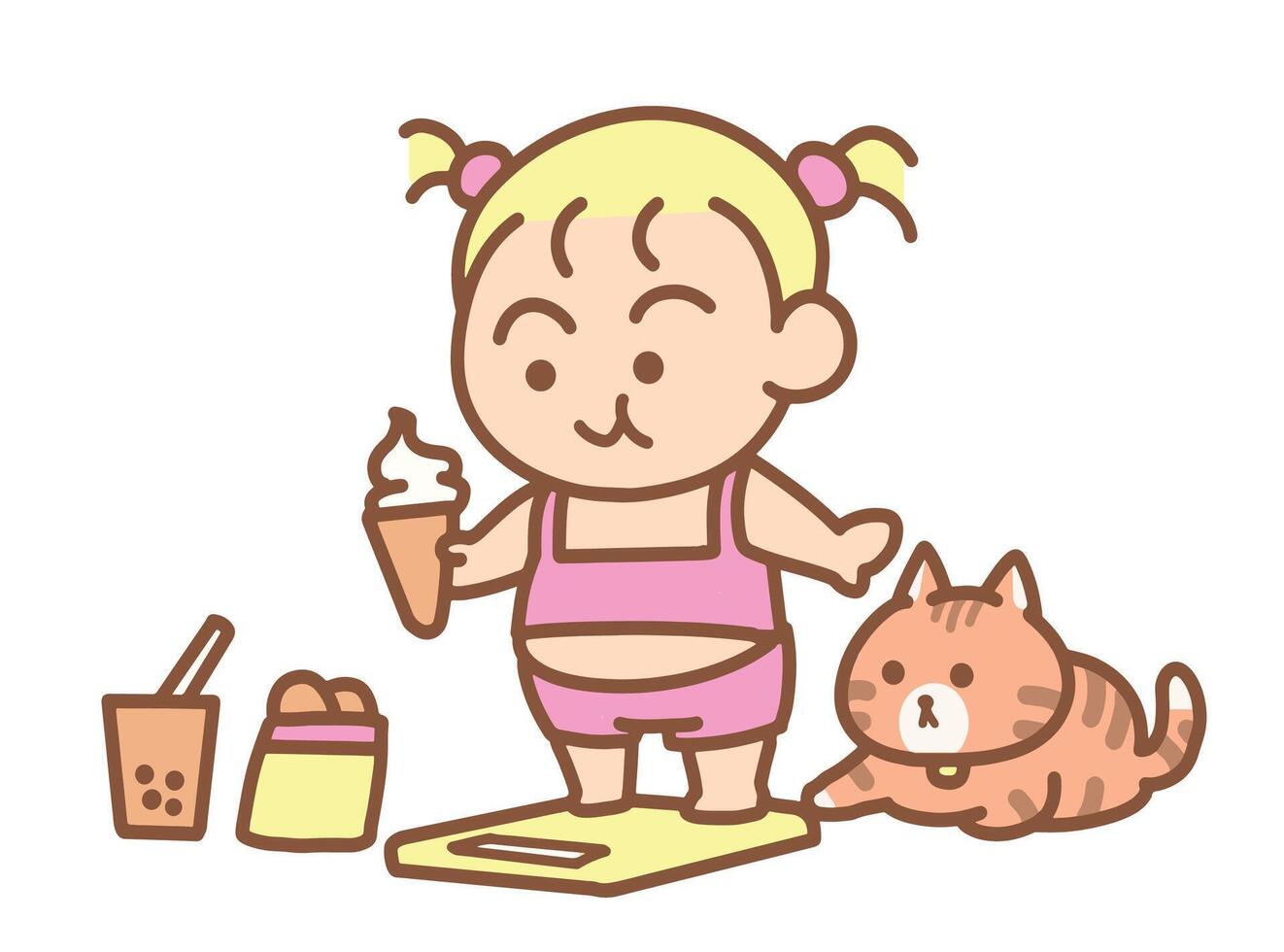 A young girl is weighing herself. vector