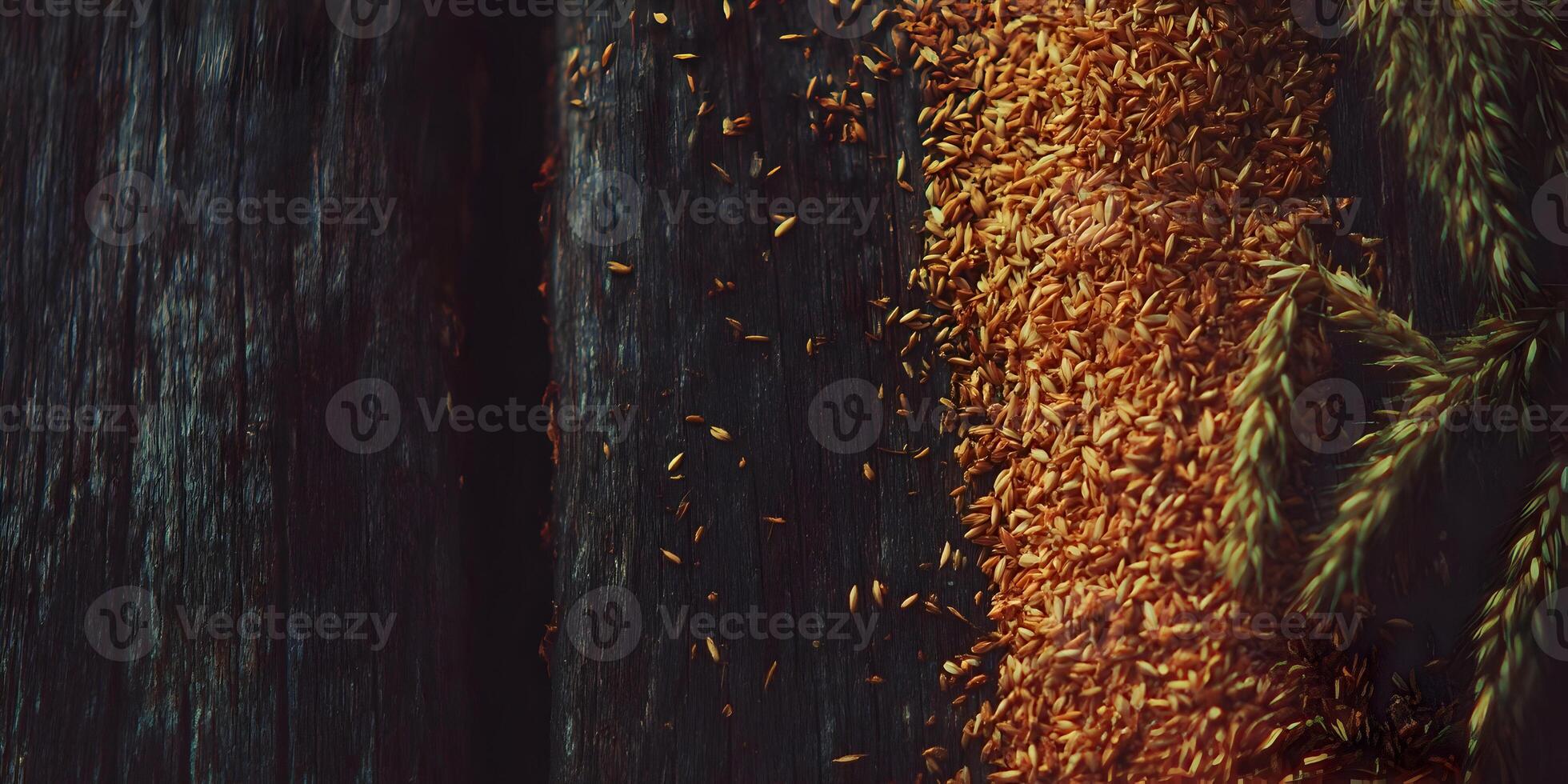Golden Wheat Grains on Dark Wood Background Rustic Autumnal Texture photo