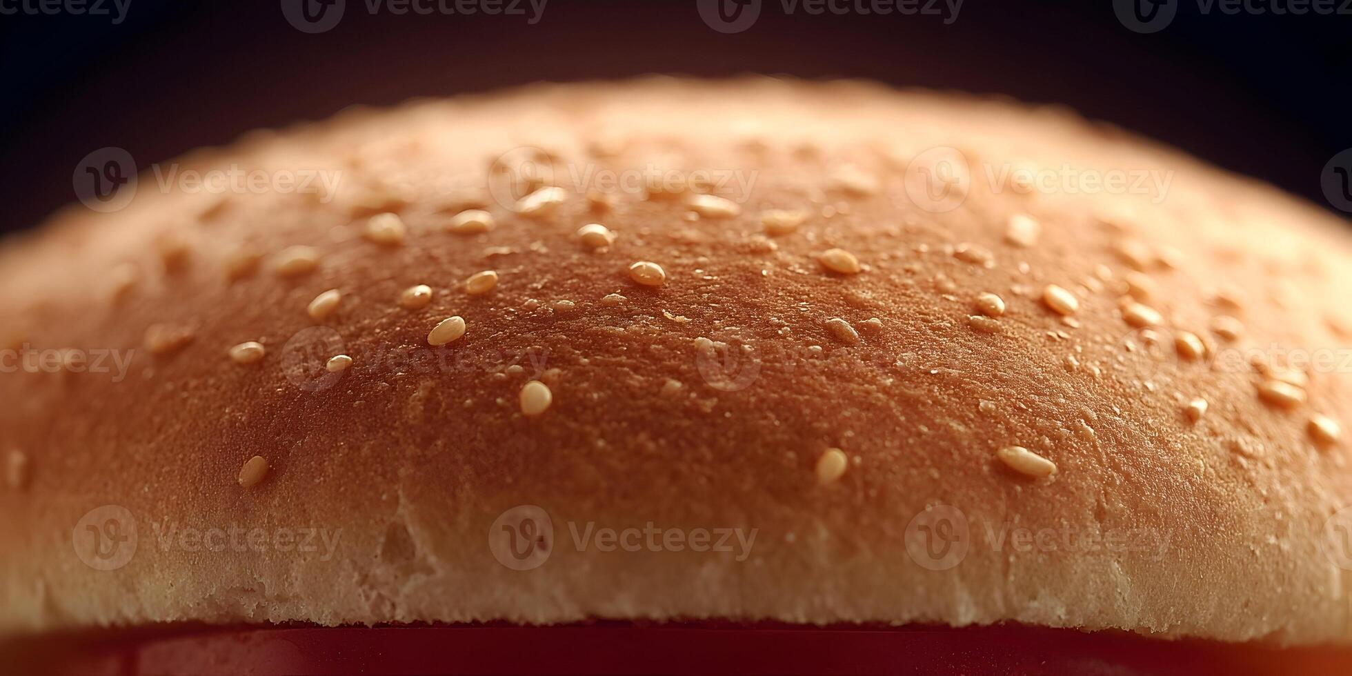Closeup Hamburger Bun Sesame Seeds Texture Brown Bread Food Photography photo