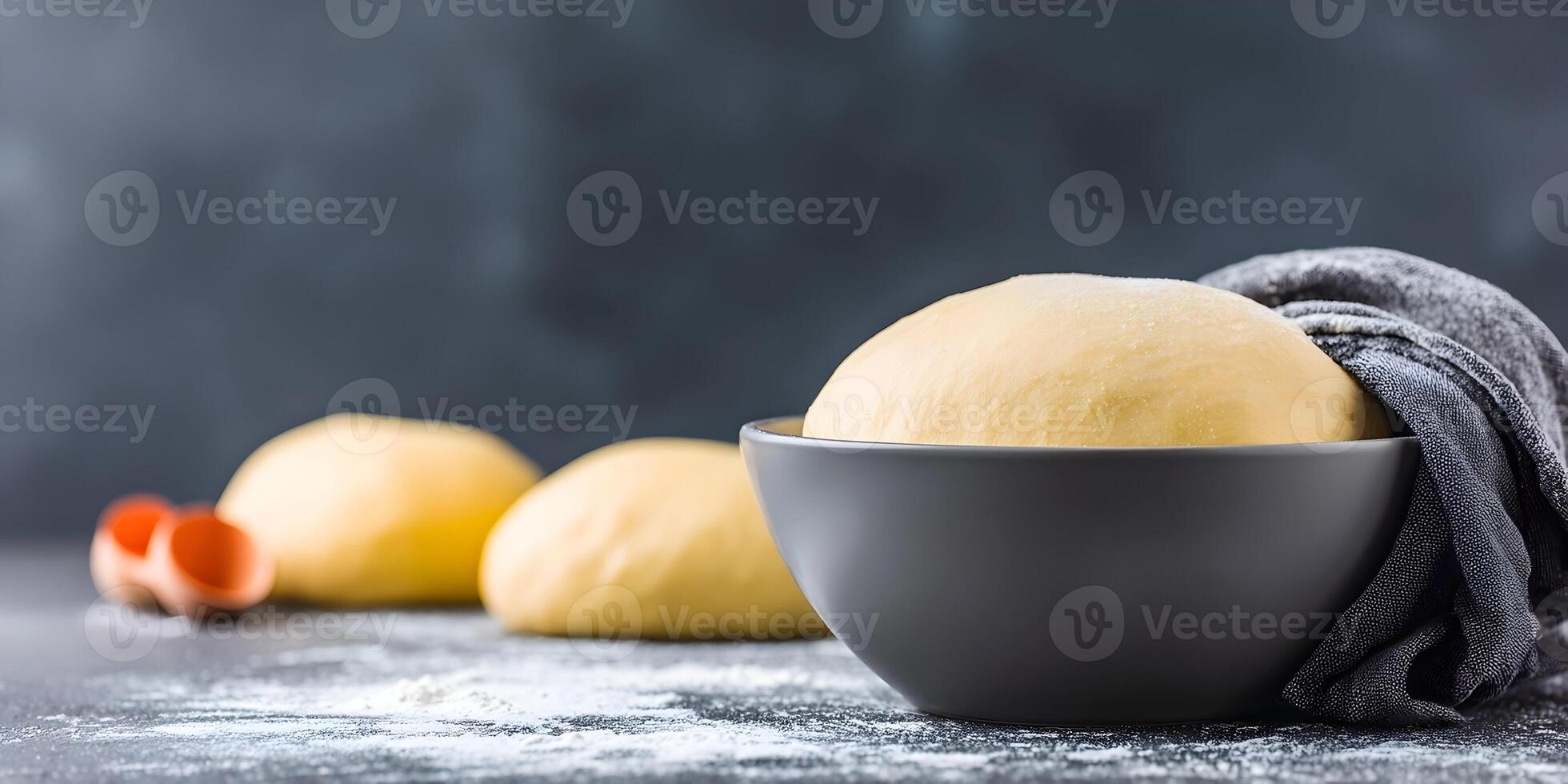 Bowl of Yeast Dough with Flour and Two Dough Balls photo