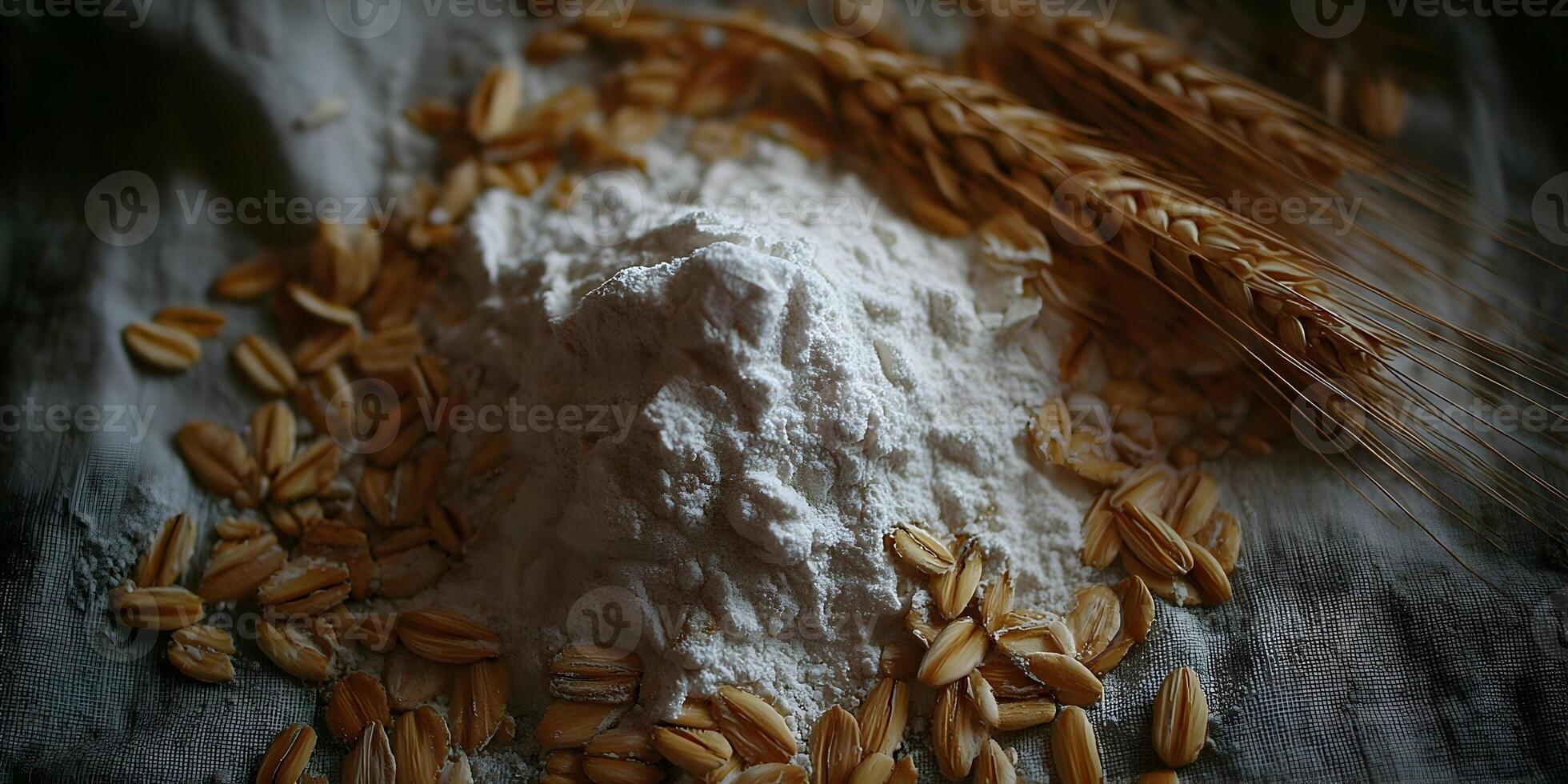 White Flour Pile Oat Grains Wheat Ears Baking Ingredients Still Life photo