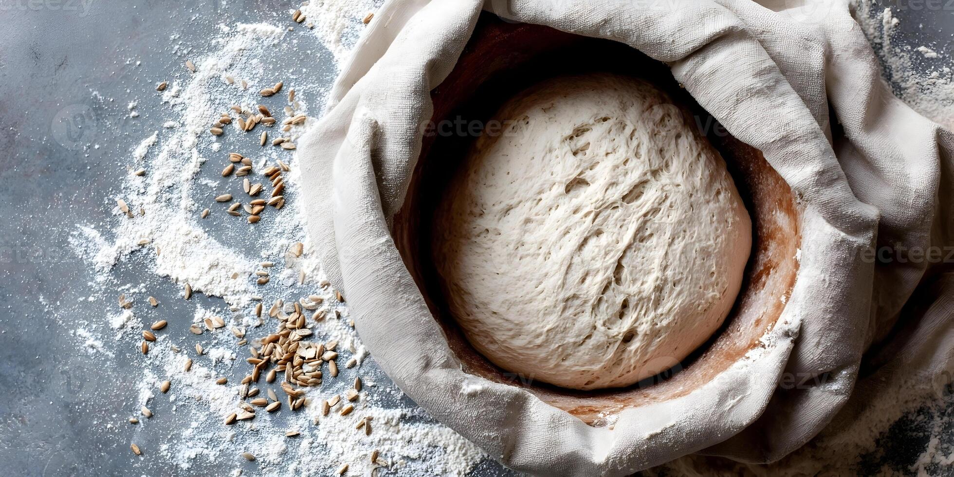 Artisan Bread Dough in Wooden Bowl with Flour and Grains photo