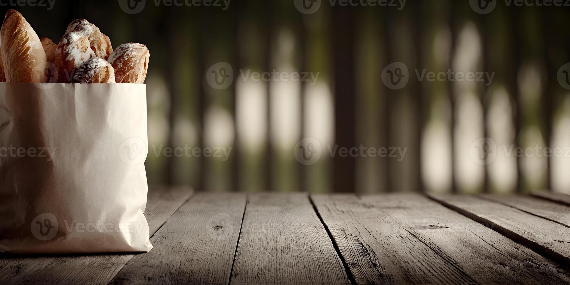 Paper Bag Fresh Baked Bread Wooden Table Background photo