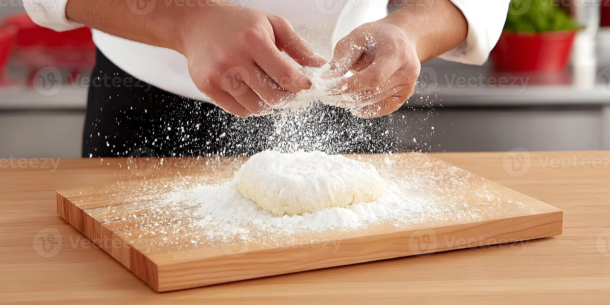 Chef Hands Dusting Dough with Flour on Wooden Board Baking Cooking Food Preparation photo