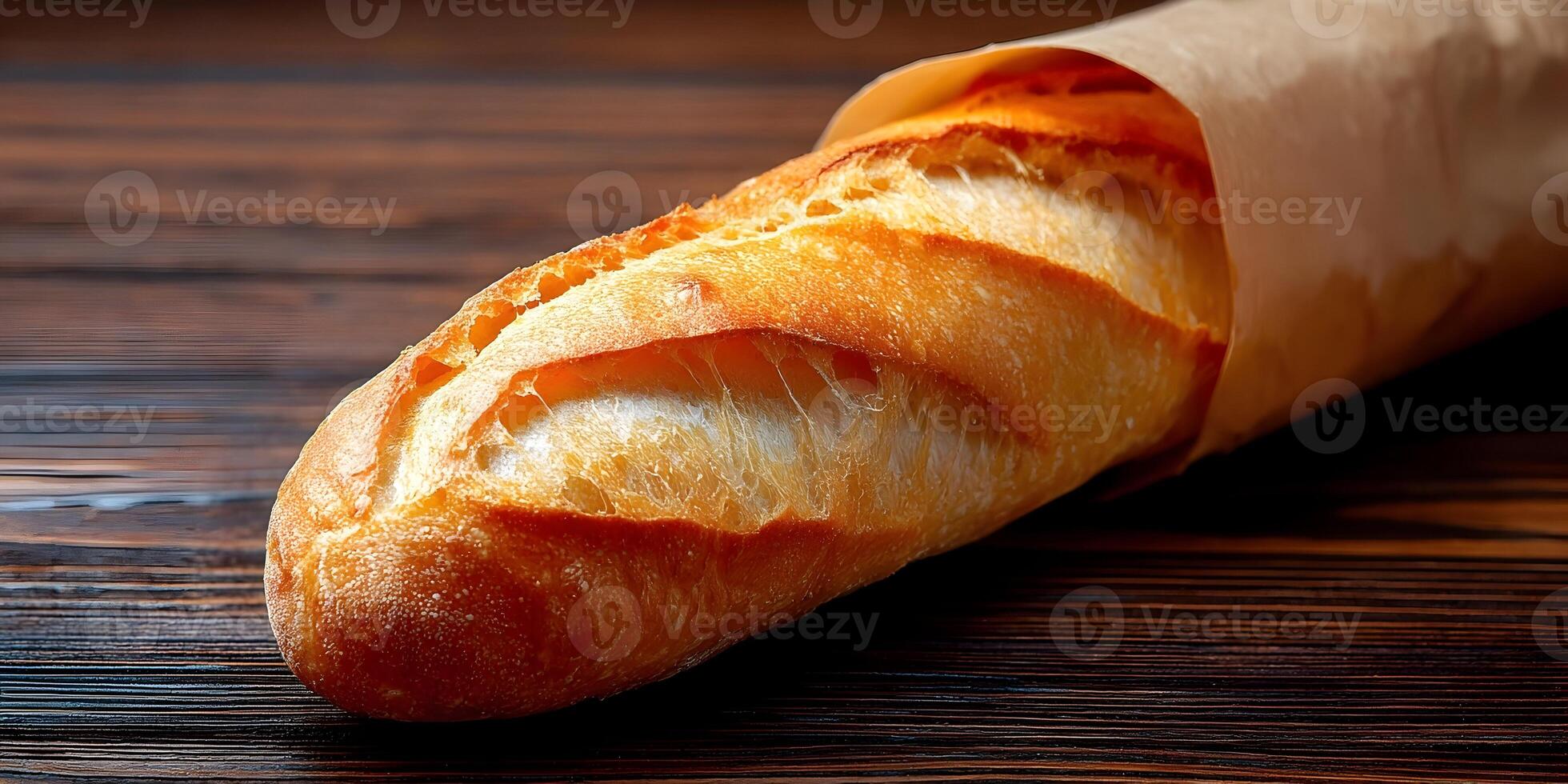 Freshly Baked Golden Brown Baguette on Dark Wooden Table photo
