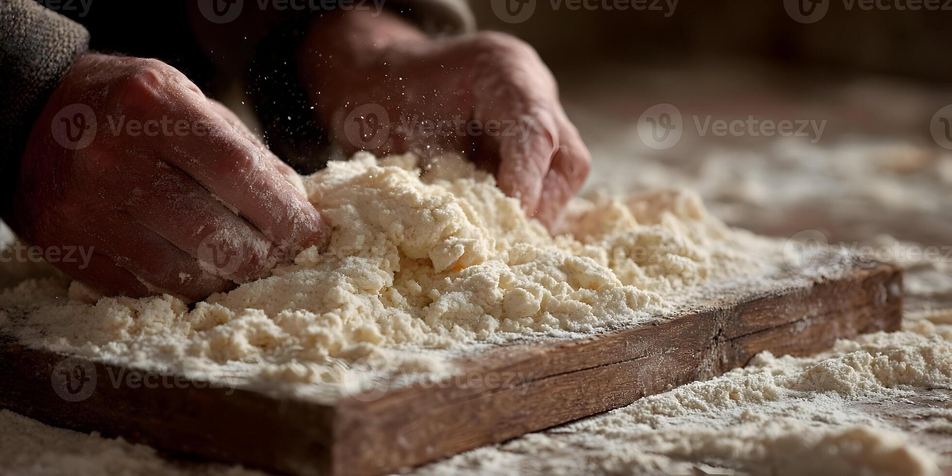 Closeup Hands Kneading Dough Flour Pastry Baking Wooden Board photo