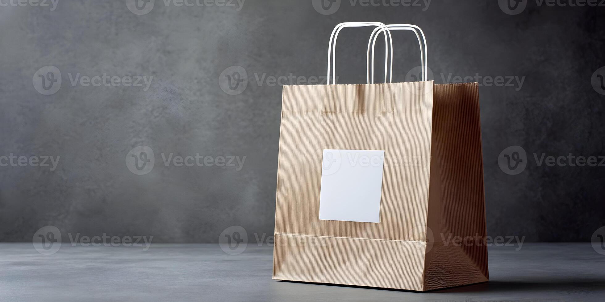 Brown Paper Shopping Bag with Blank Label Mockup on Dark Background photo