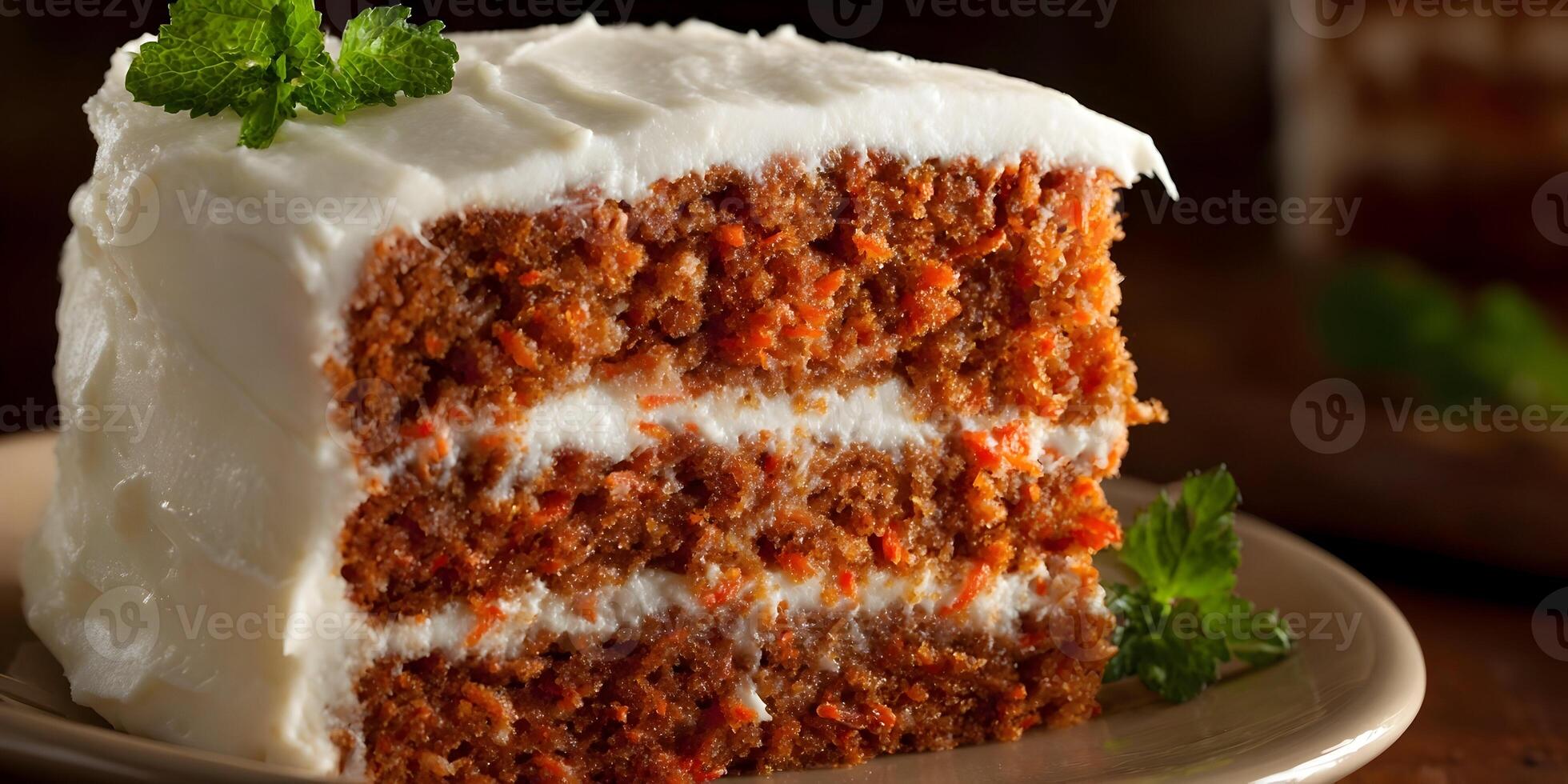 Delicious Creamy Carrot Cake Slice with Mint Garnish on Plate photo