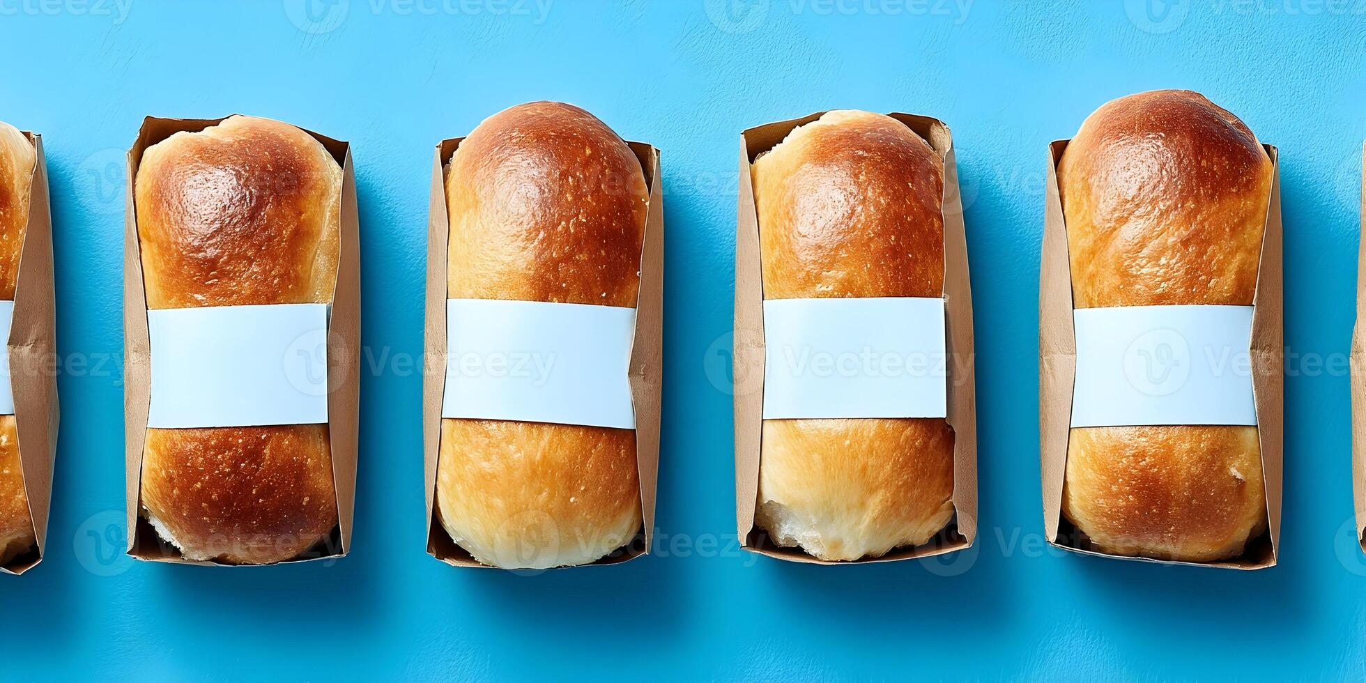 Five Brown Paper Wrapped Bread Loaves Blank Labels Blue Background photo