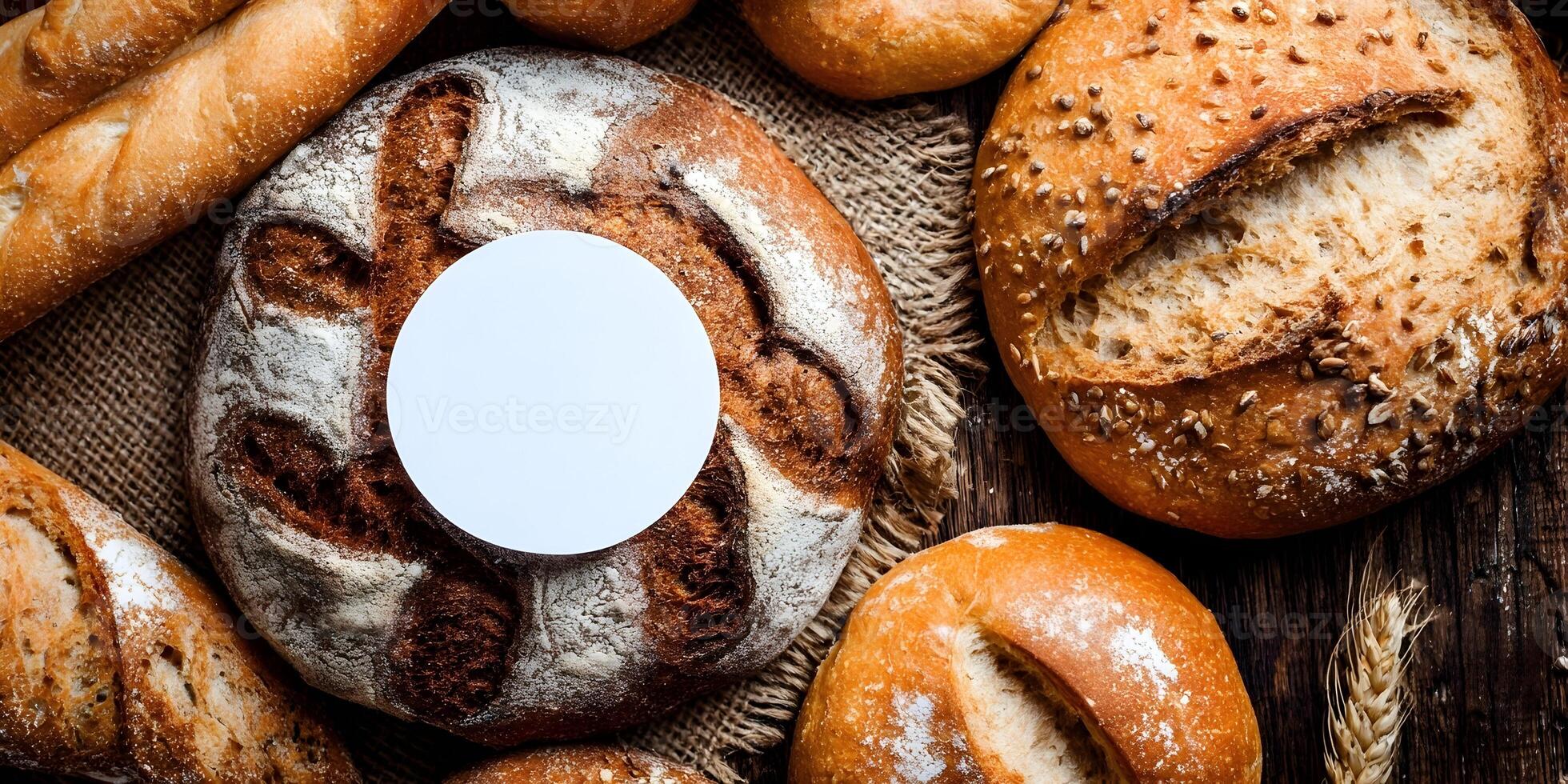 Assorted Breads with Blank Circle Mockup Rustic Food Photography photo