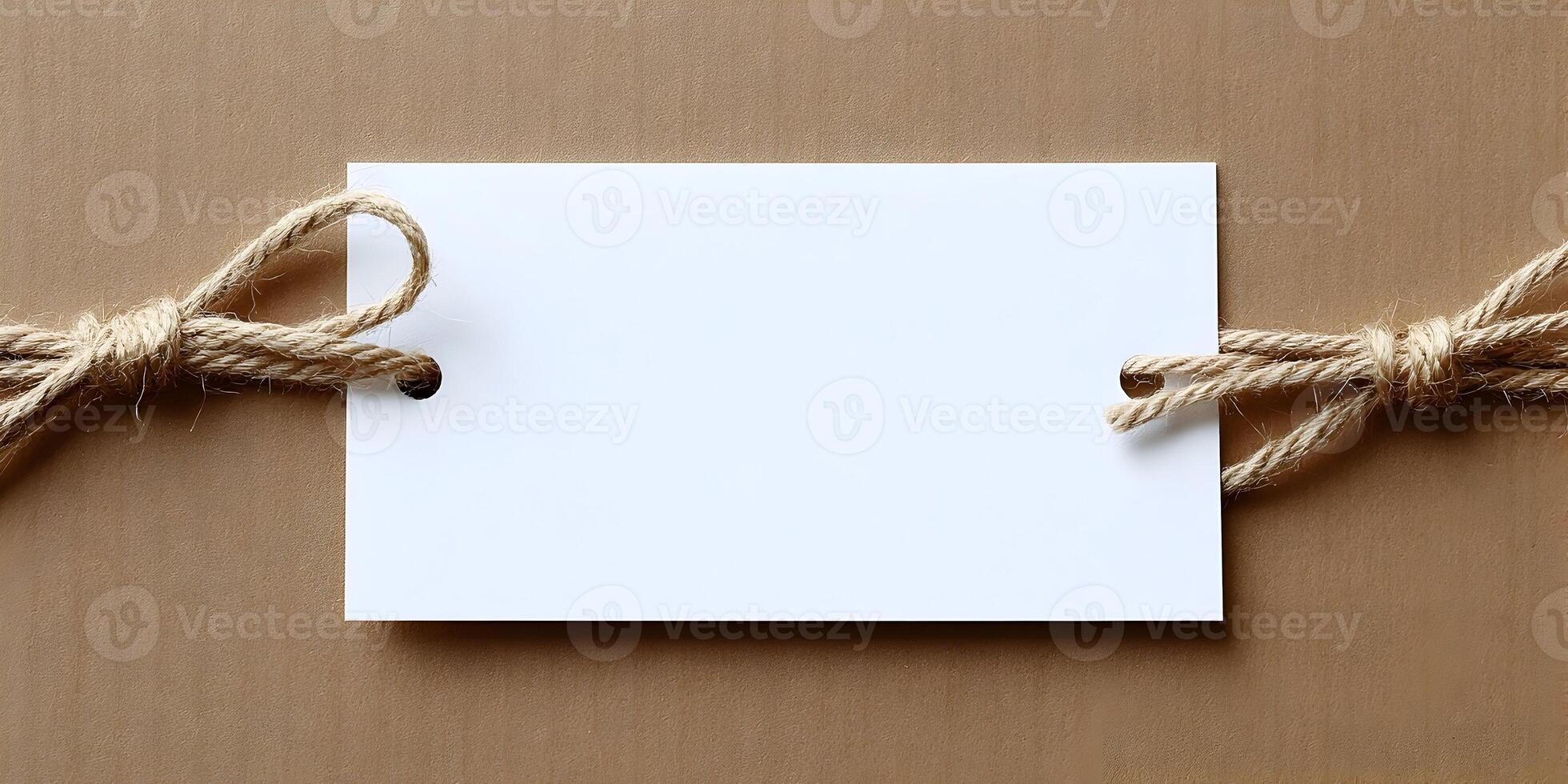 Blank White Tag Tied with Brown Twine on Brown Paper Background photo