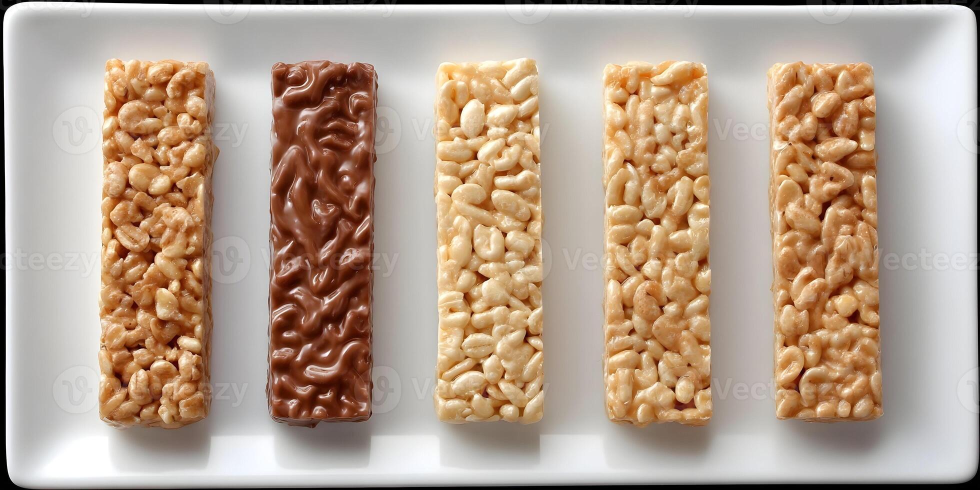 Five Cereal Bars Chocolate and Rice Crisp Snacks on White Plate photo