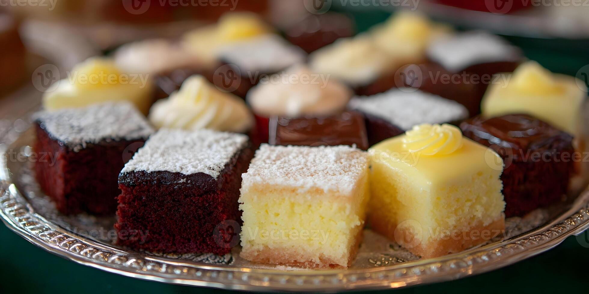 Assorted Mini Cakes Chocolate Lemon Dessert Squares Silver Platter photo