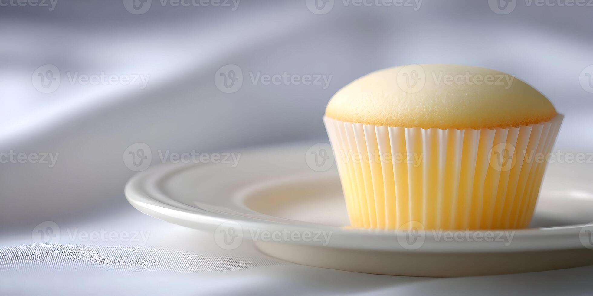 Single Vanilla Cupcake on White Plate and Fabric Background photo