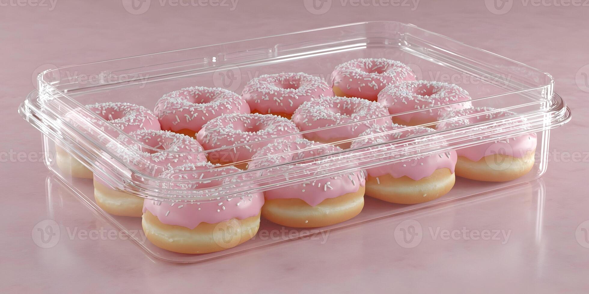 Pink Glazed Donuts with Sprinkles in Clear Plastic Container photo