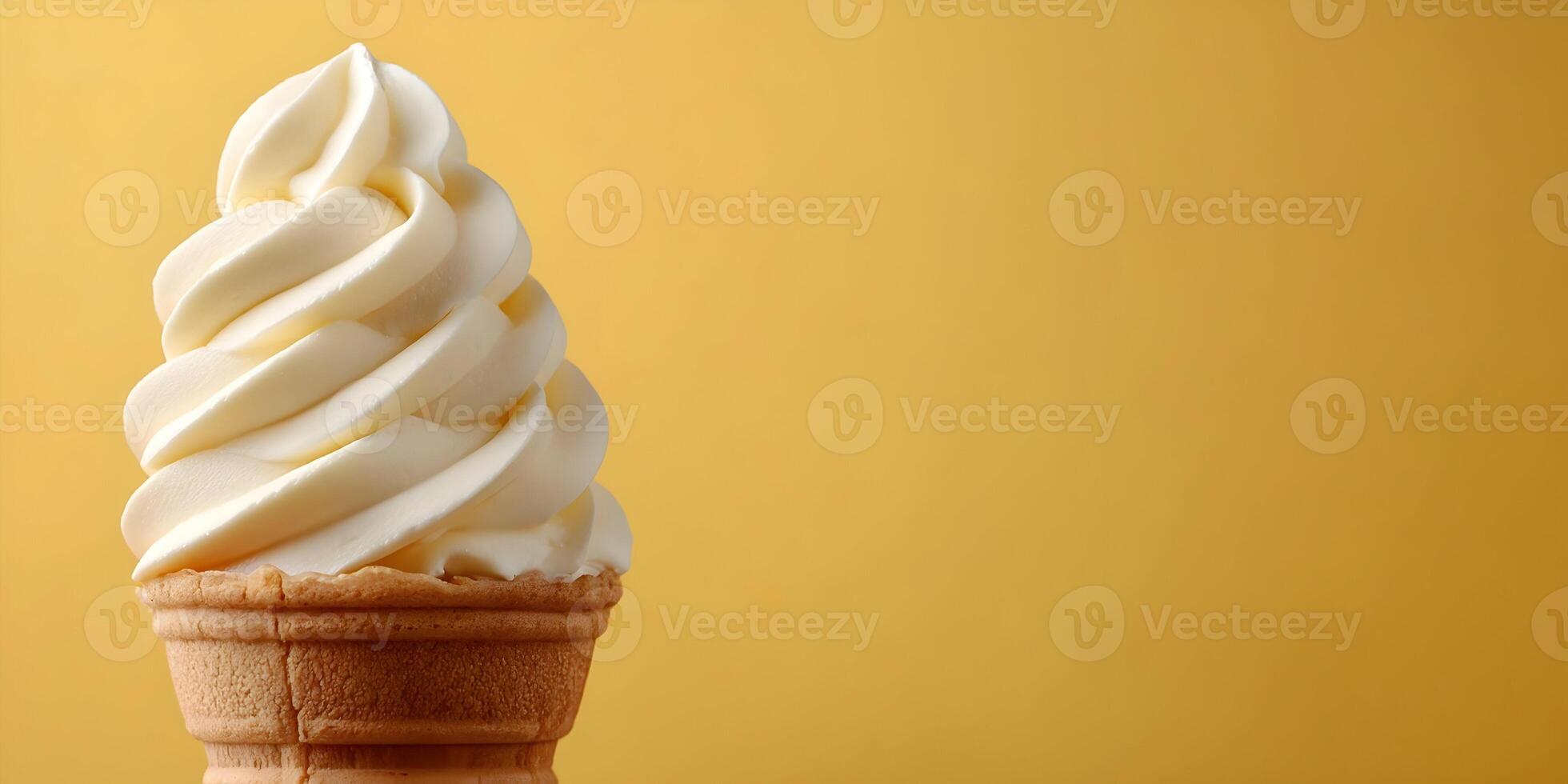 Soft Serve Ice Cream Cone on Yellow Background Creamy Swirled Frozen Dessert Treat photo