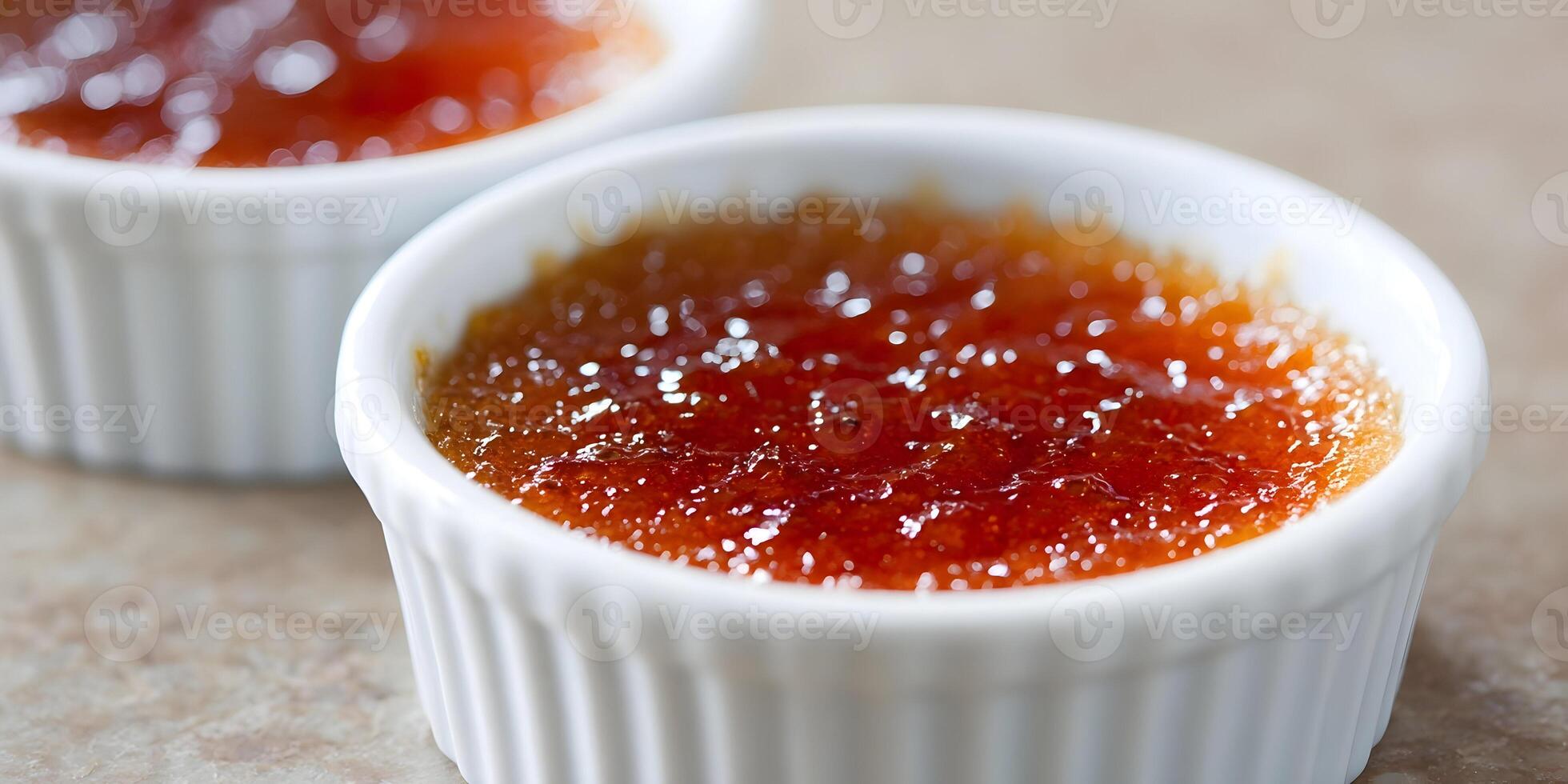 Closeup Two Caramel Custard Cream Brulee Dessert Dishes photo