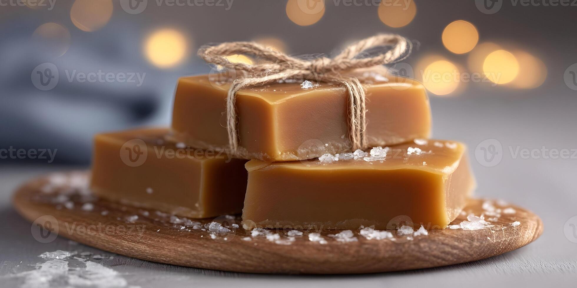 Salted Caramel Candy Cubes Brown Sugar Sweet Treat Wooden Board Festive Lights Background photo