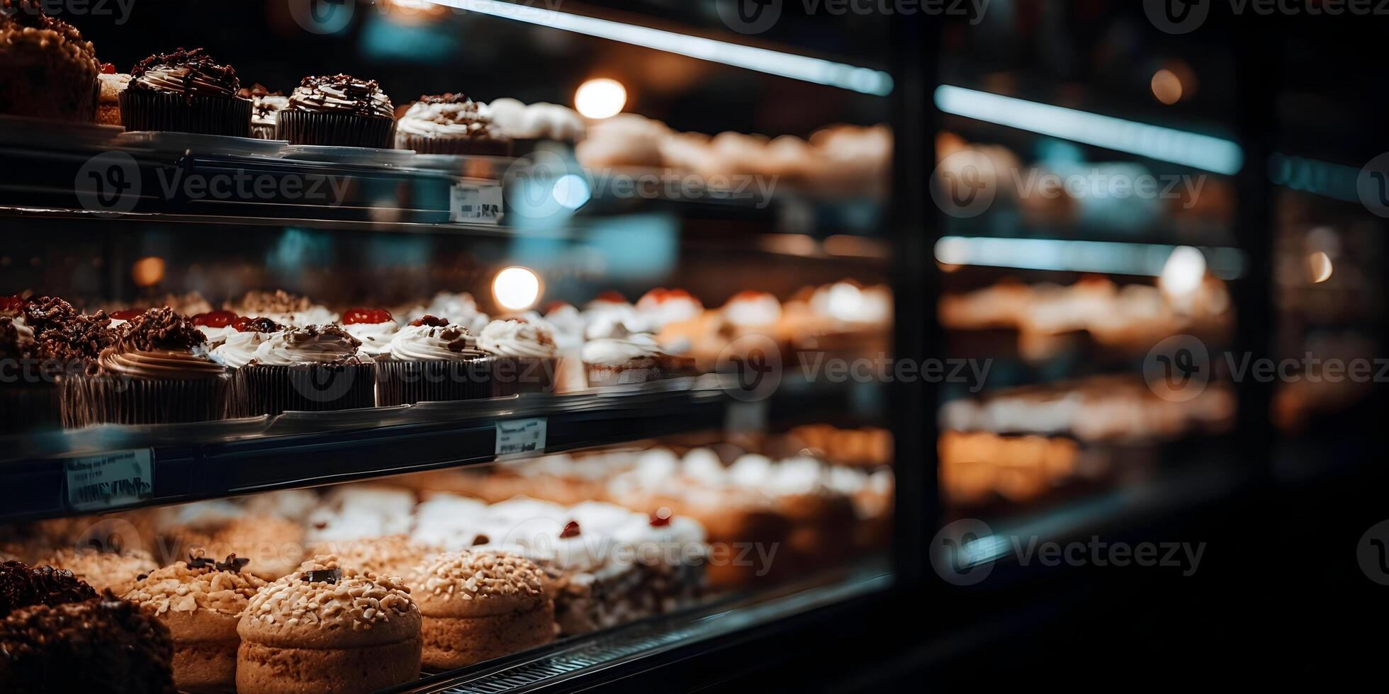 Delicious Cupcakes and Cakes Displayed in Glass Case Bakery Showcase Sweet Treats Confectionery Shop Window Dessert photo