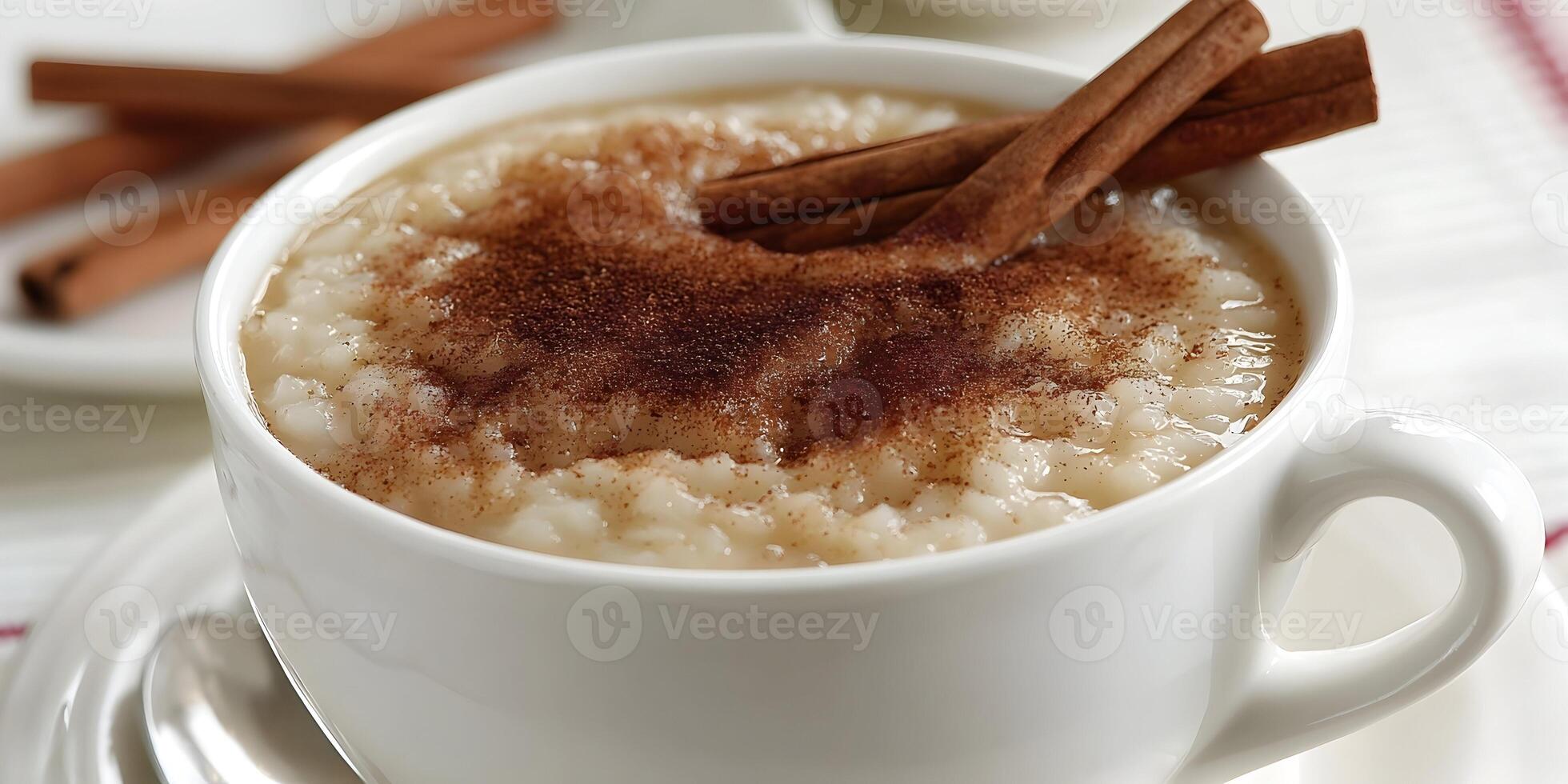 Closeup of Rice Pudding in White Mug with Cinnamon Sticks and Ground Cinnamon photo