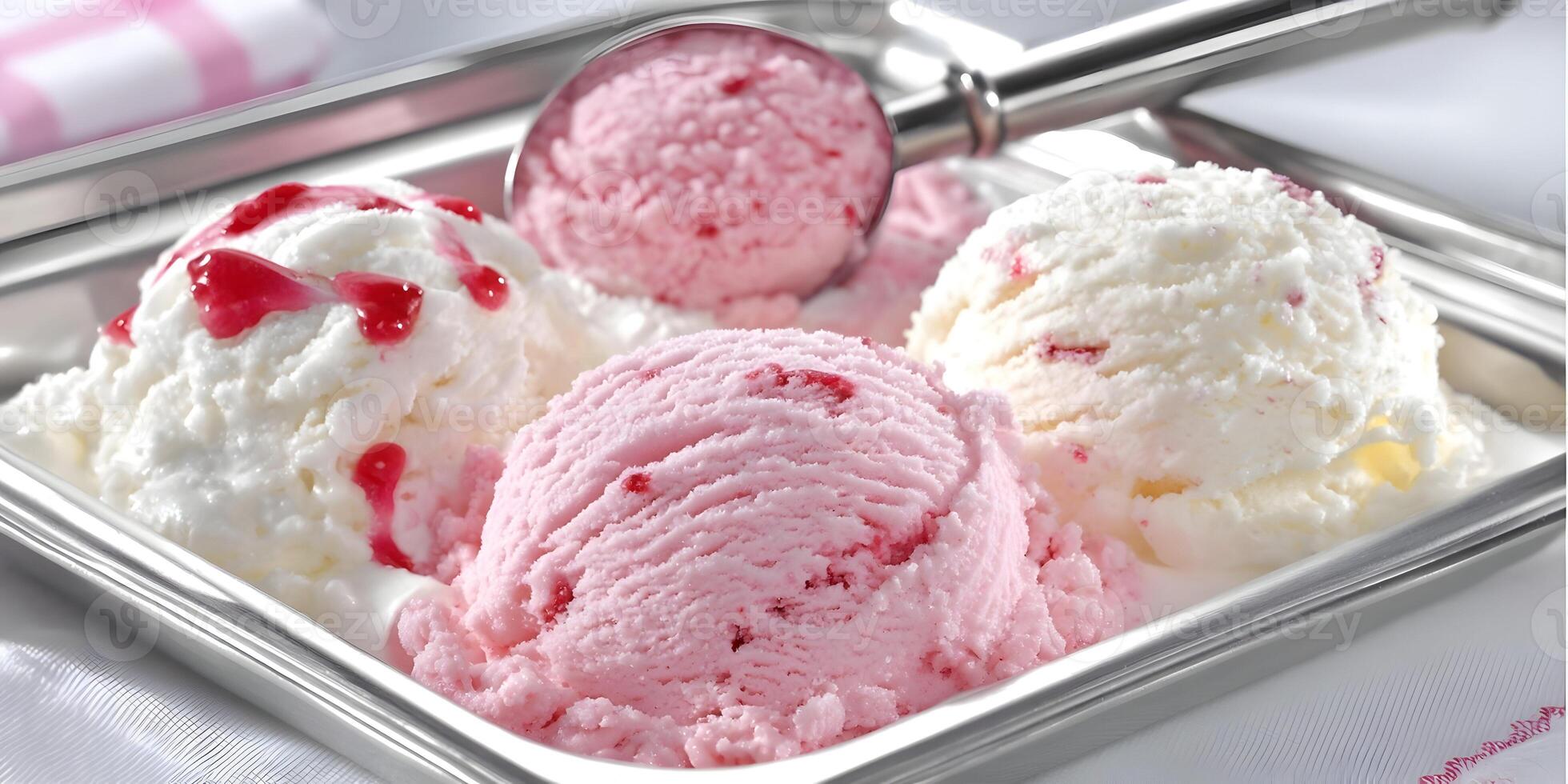 Delicious Scoops of Strawberry and Vanilla Ice Cream in Metal Dish photo