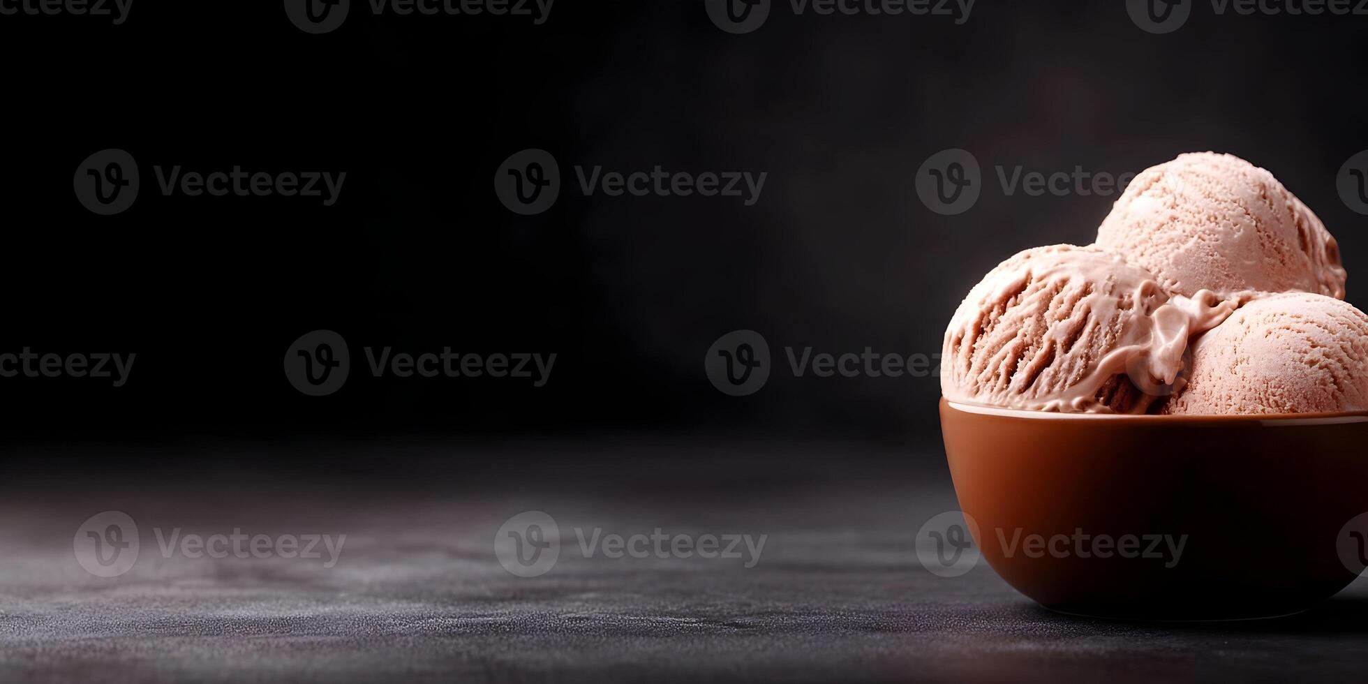 Three Scoops Chocolate Ice Cream Brown Bowl Dark Background photo