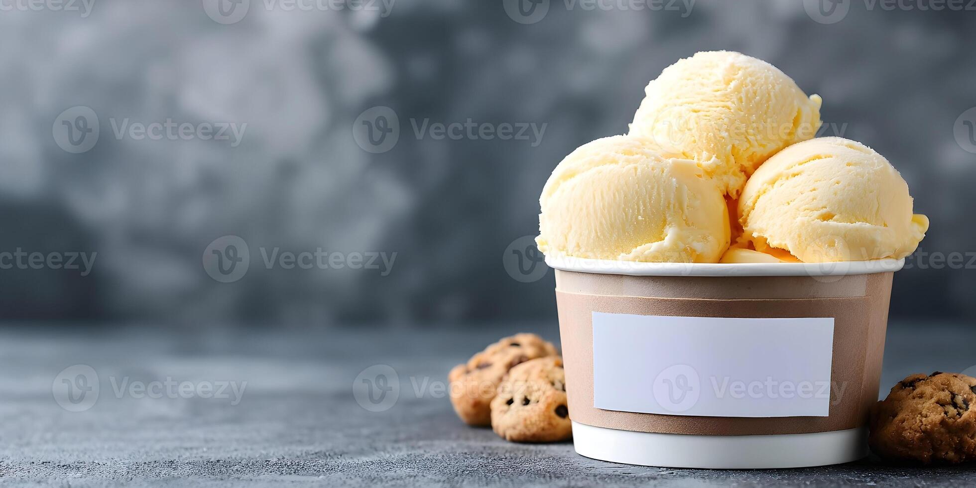 Three Scoops Vanilla Ice Cream Paper Cup Chocolate Chip Cookies photo