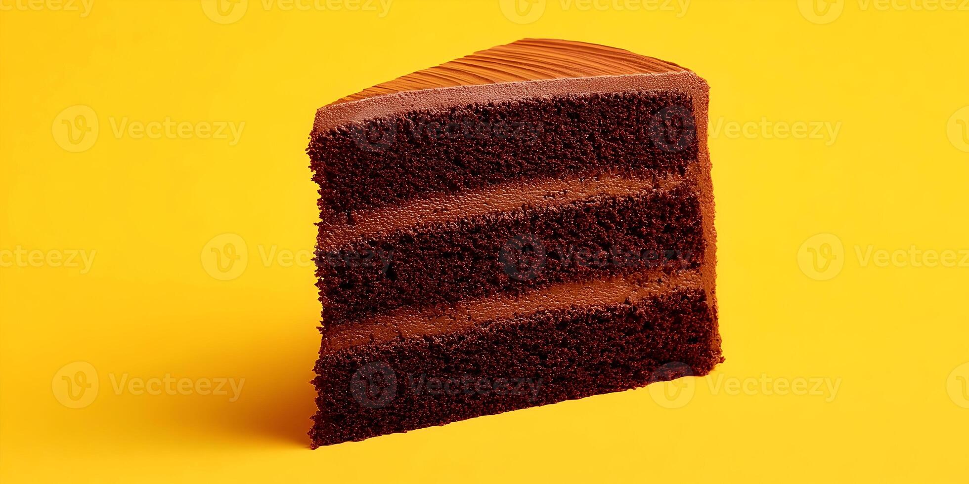 Three Layer Chocolate Cake Slice Yellow Background DessertFood Photography Delicious Sweet Treat Chocolate Cake Piece photo
