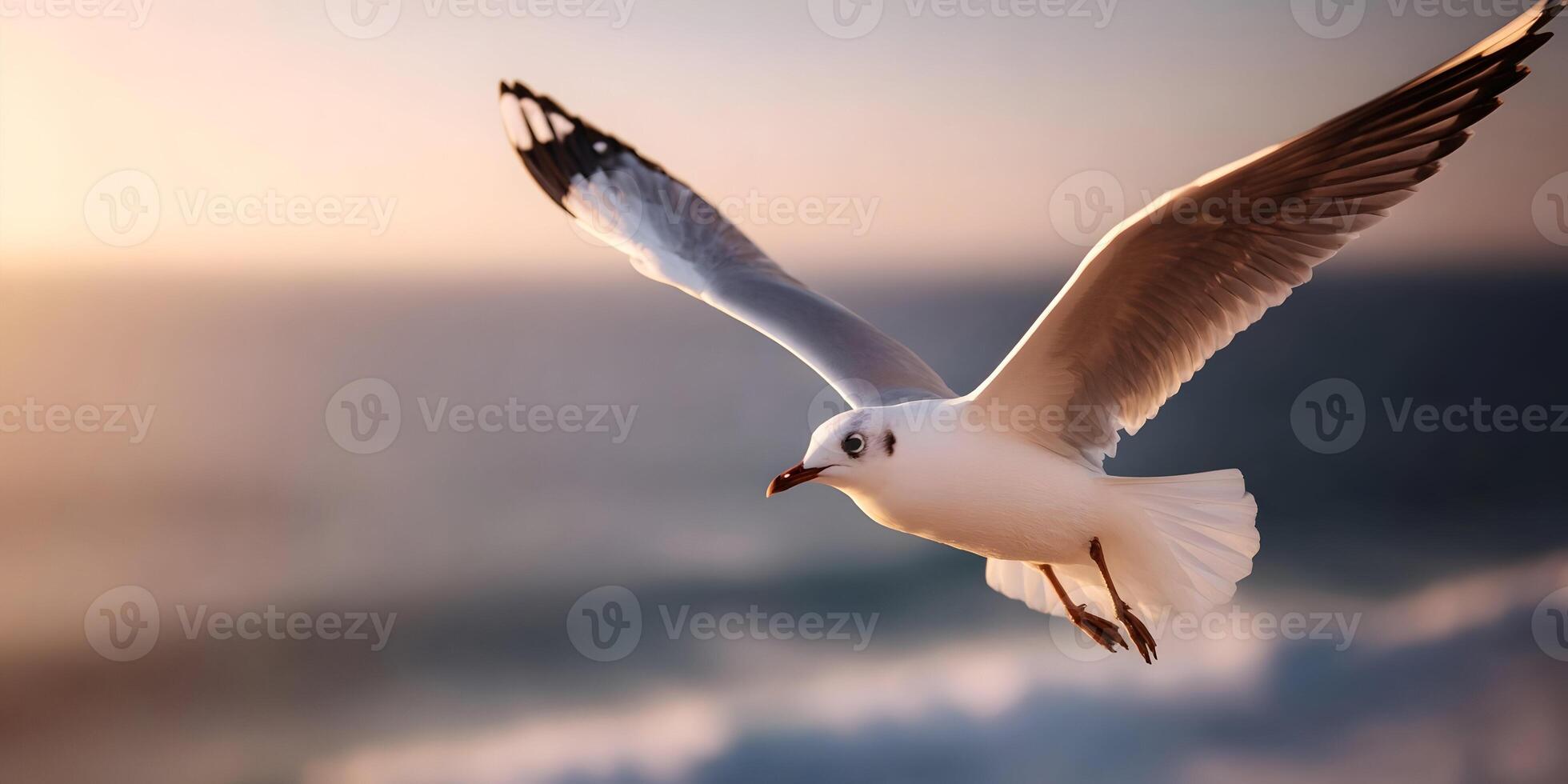 Seagull in Flight Golden Hour Ocean Sunset Bird Wings photo