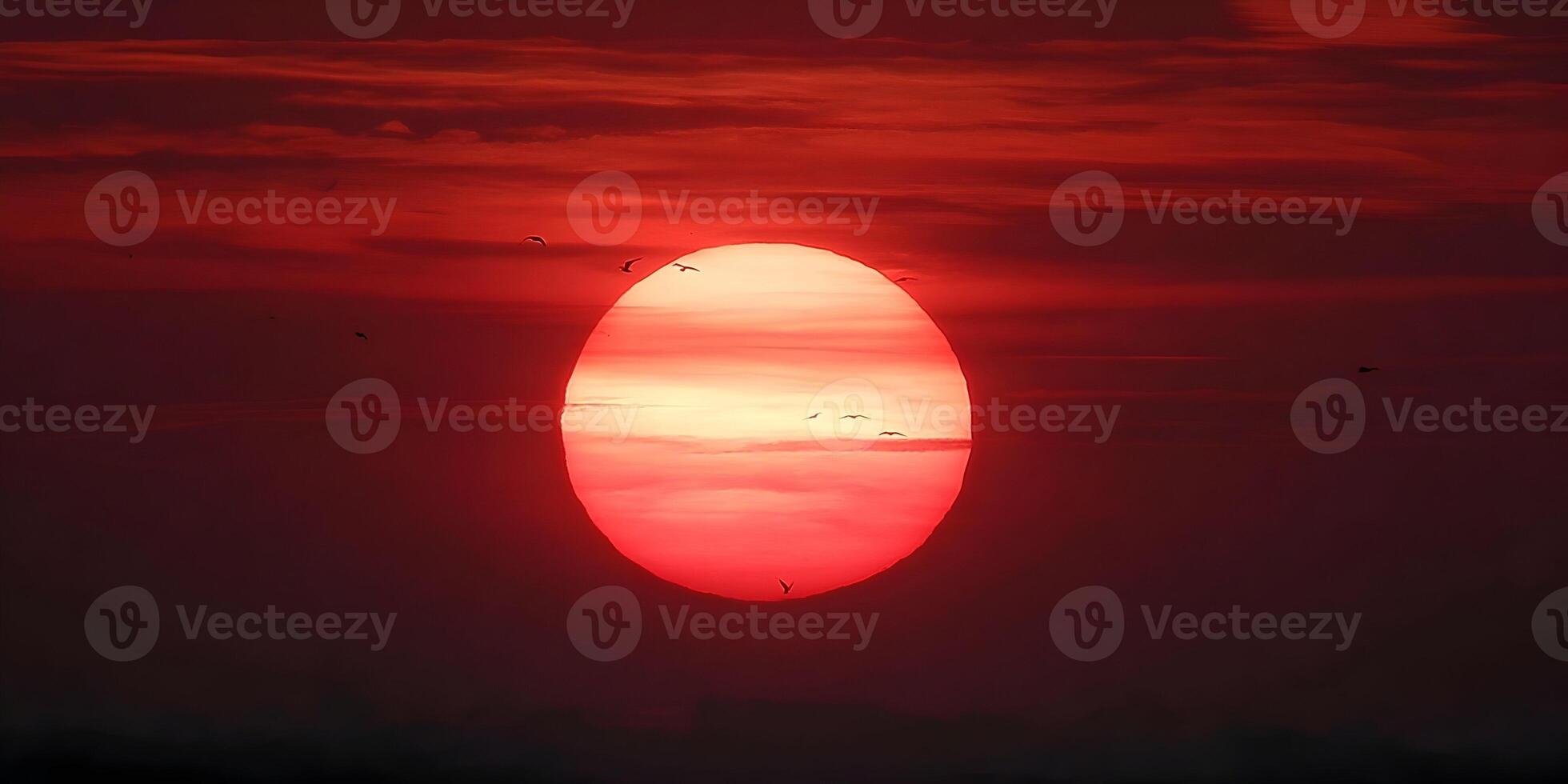 Large Red Sunset Sun with Birds Silhouettes Flying photo