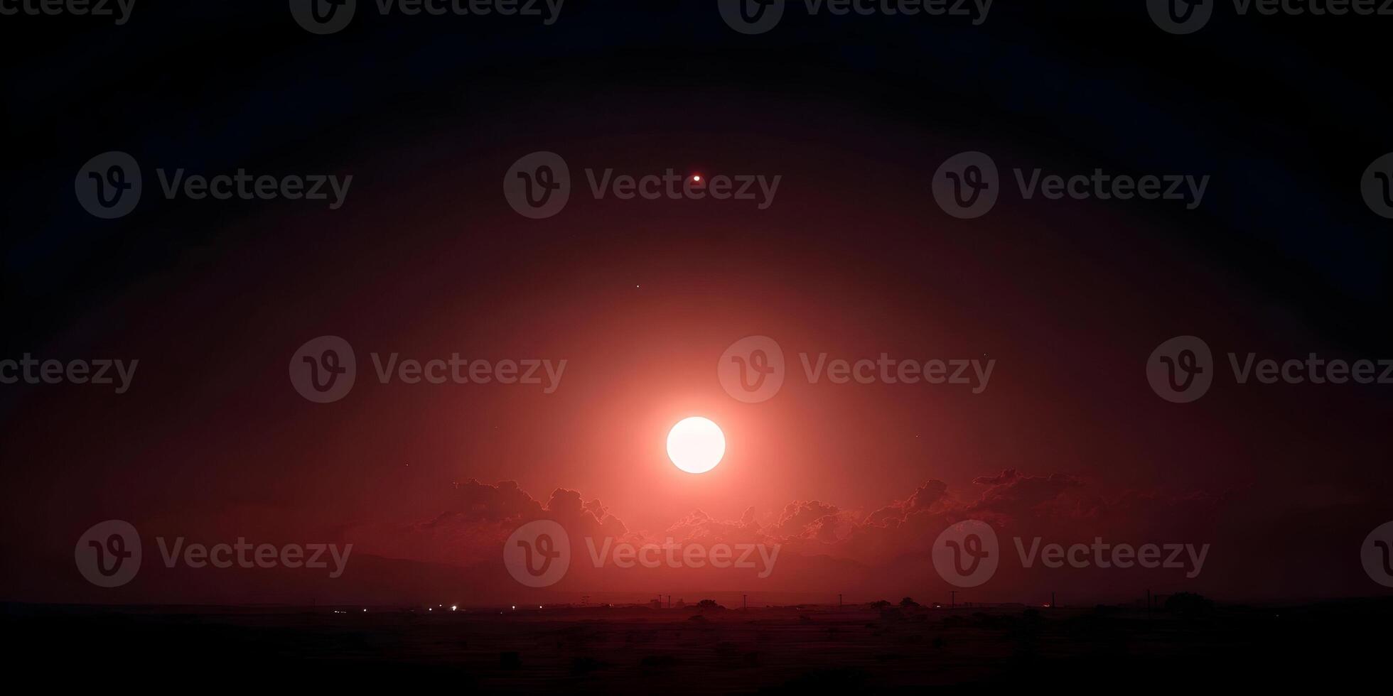 Red Moon Night Sky Landscape with Stars and Distant Horizon photo