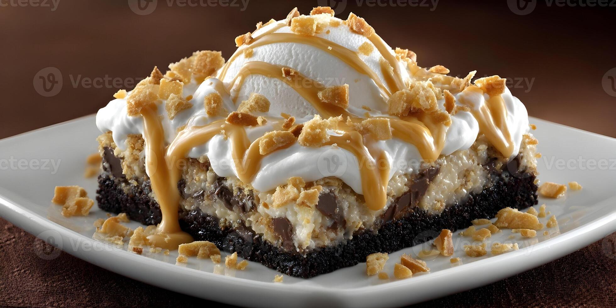 Delicious Chocolate Brownie Dessert with Caramel Sauce Whipped Cream and Cookie Crumble Topping photo