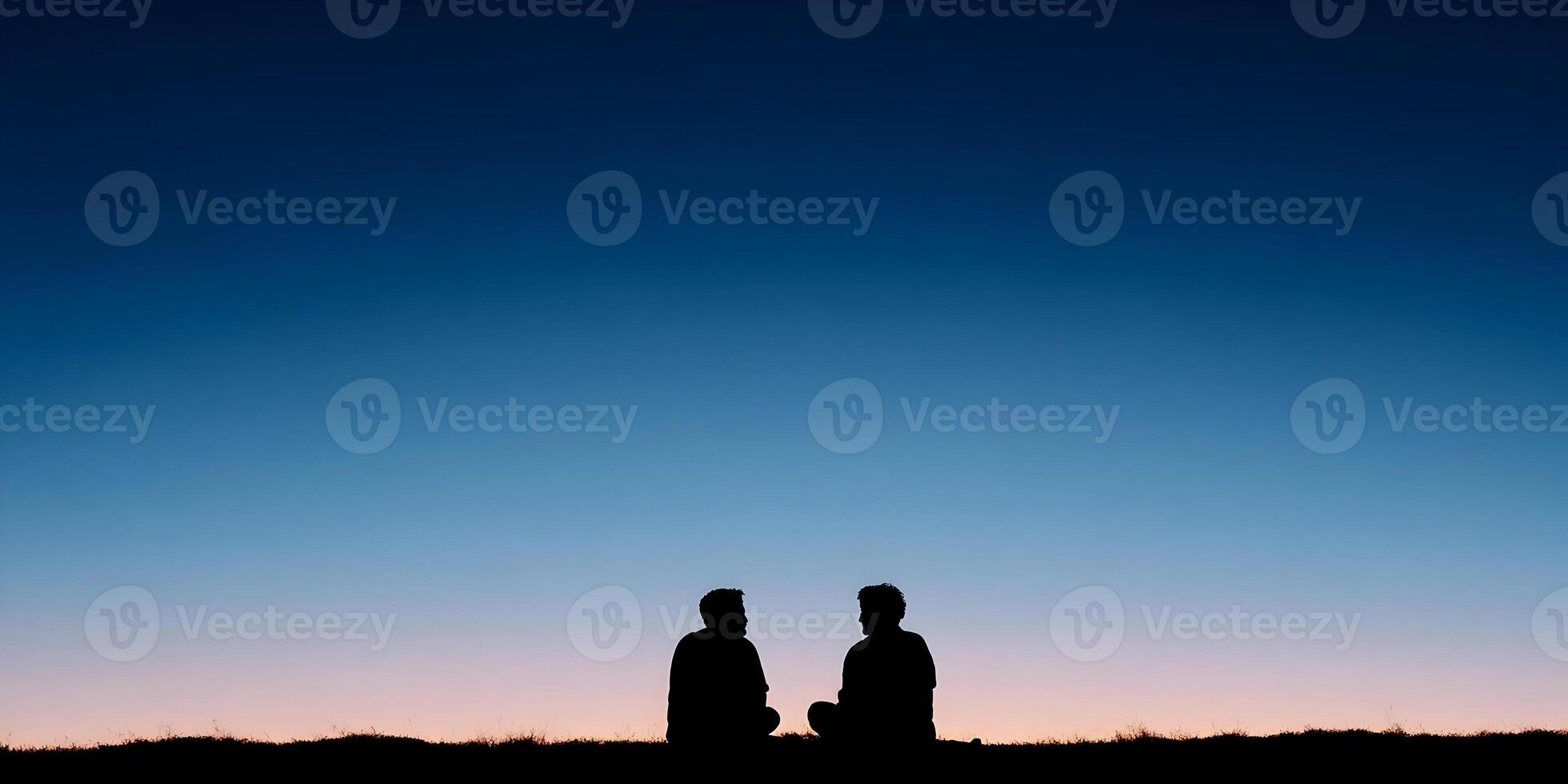 Two Silhouettes Men Sitting Sunset Landscape Sky photo
