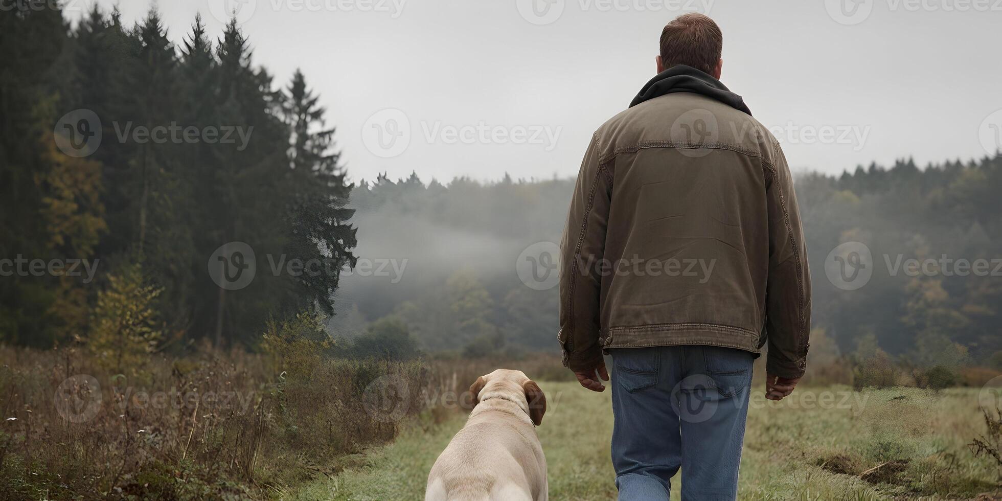 Man Walking with Yellow Labrador Dog in Foggy Forest Autumn Scenery photo