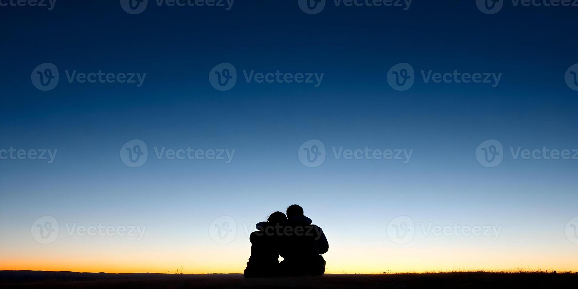 Silhouette Couple Embracing Sunset Landscape photo