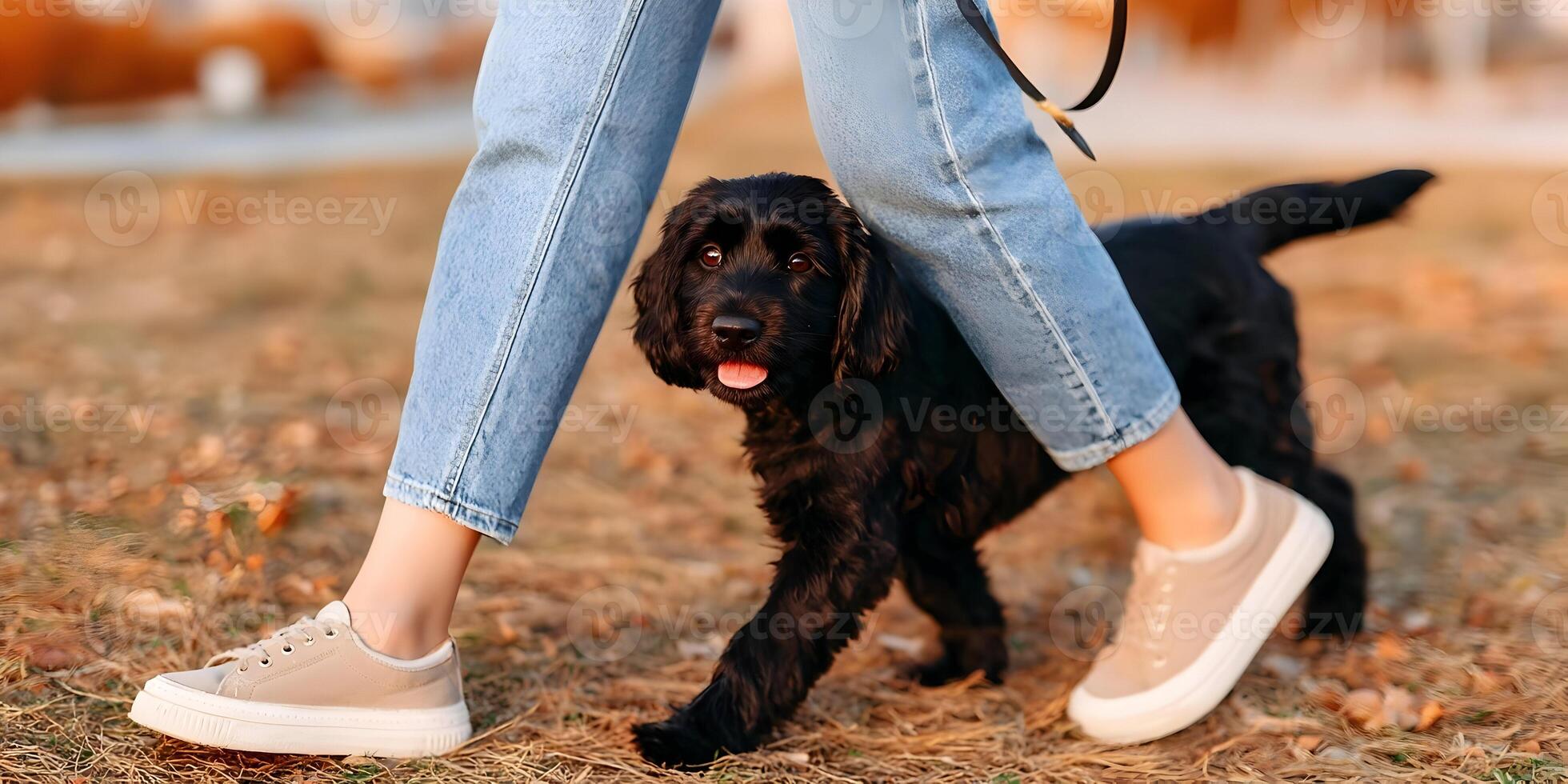 Black Cocker Spaniel Puppy Walking with Woman in Autumn Park photo