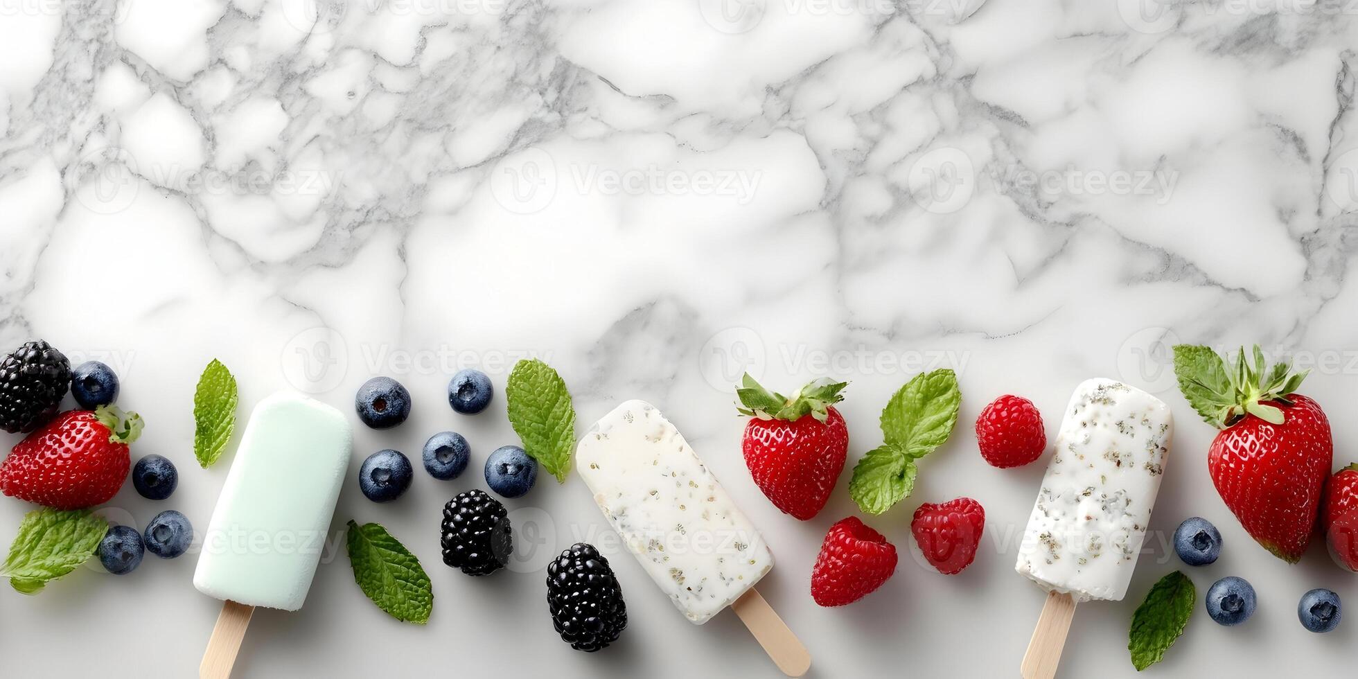 Summertime Ice Cream Popsicles with Fresh Berries on Marble Background photo