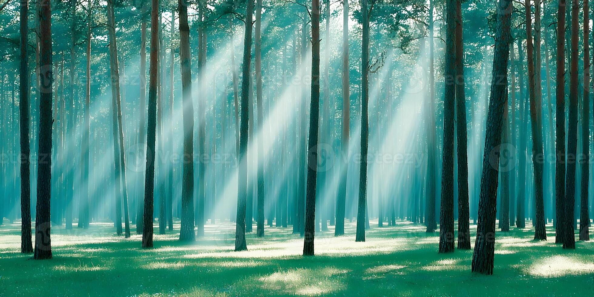 Sunbeams in Pine Forest Mystical Atmosphere Tranquil Nature Scene photo