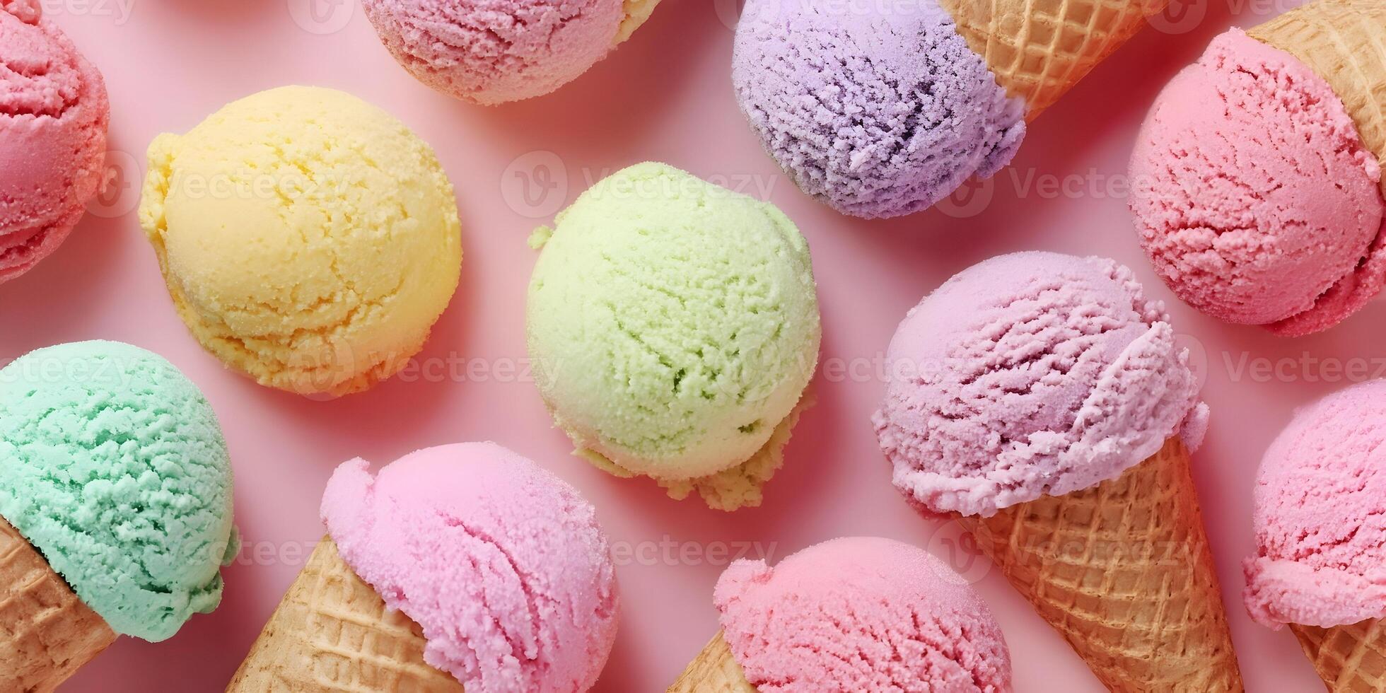 Pastel Ice Cream Scoops and Cones on Pink Background photo