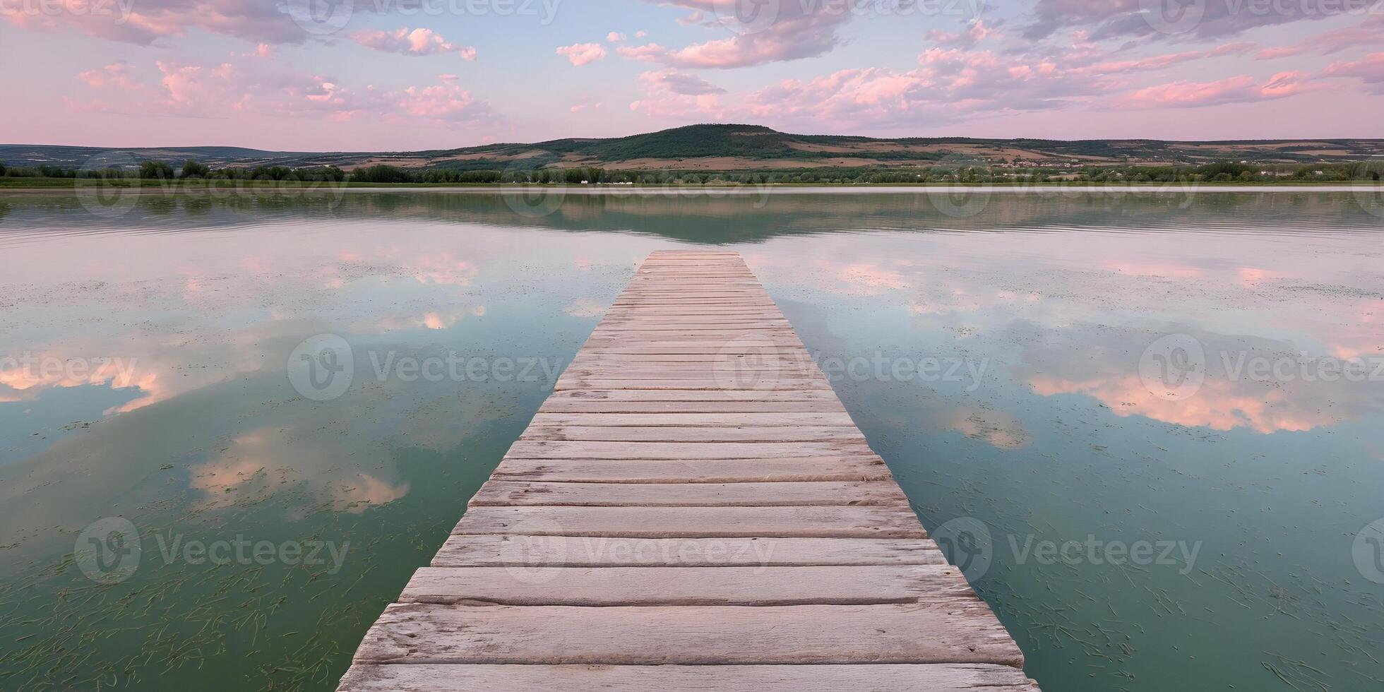 Wooden Dock Calm Lake Sunset Landscape Pink Clouds Reflection photo