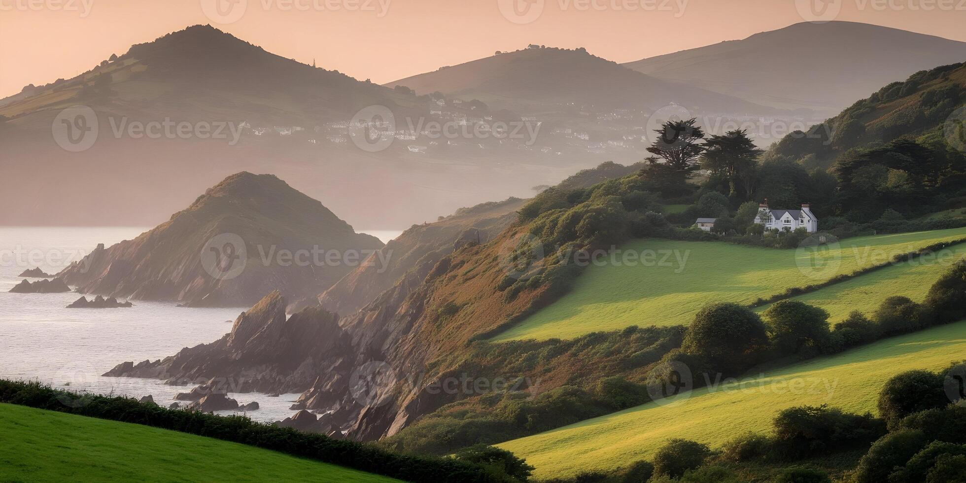 Coastal House on Green Hillside Dramatic Sunset Landscape photo
