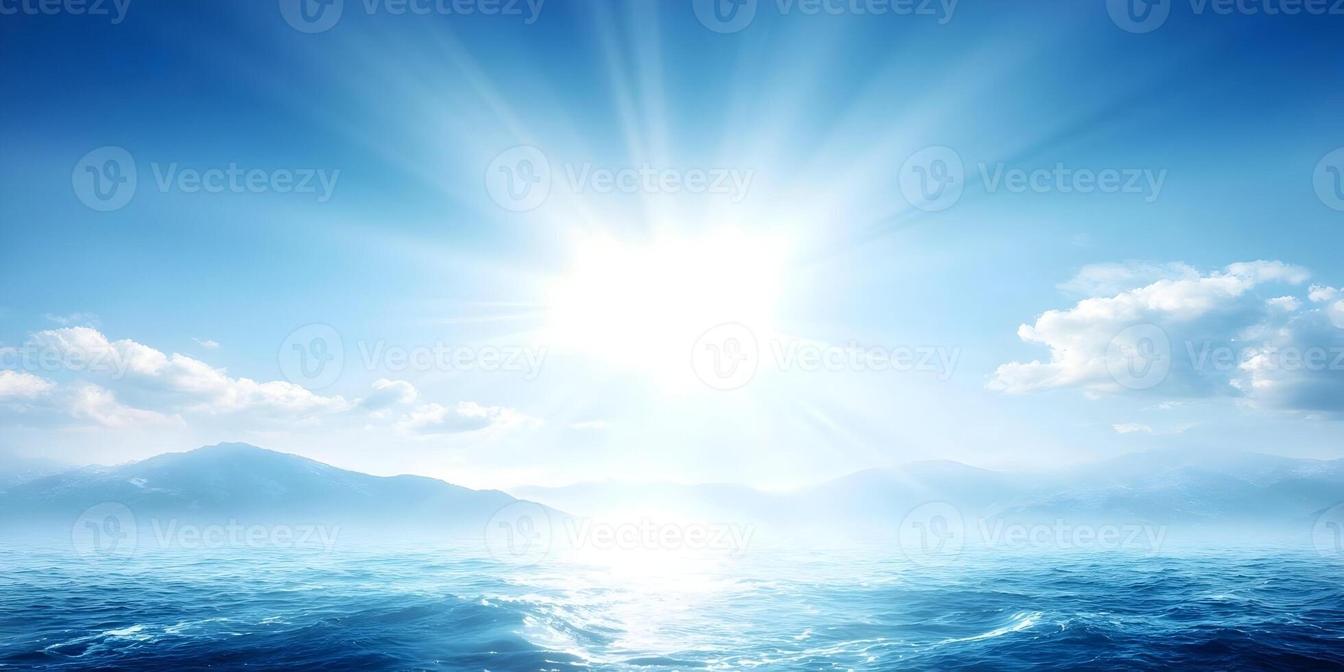 Bright Sun Rays Over Ocean and Mountains Scenic Seascape photo